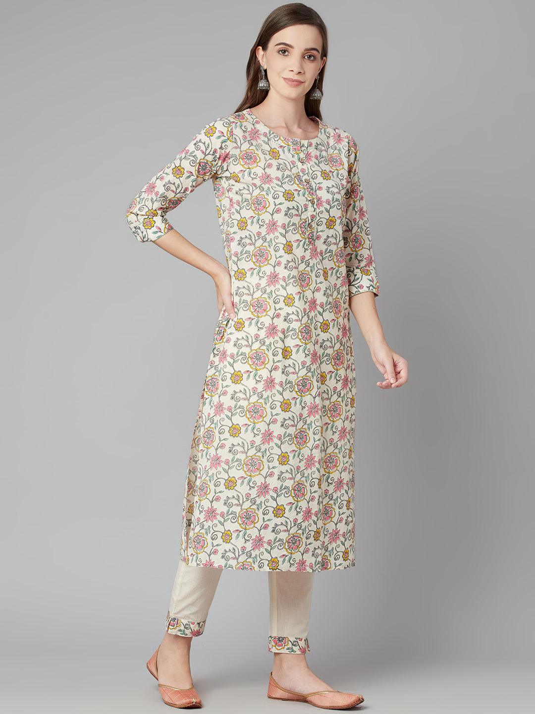 Floral printed cotton kurta pant set featuring a cream floral print and three-quarter sleeves