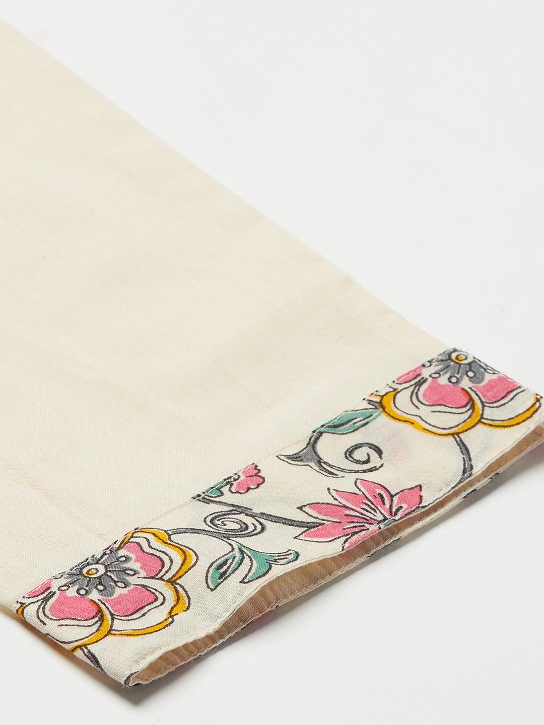 Decorative fabric trim with floral pattern for Cream Floral Printed Cotton Kurta Pant Set