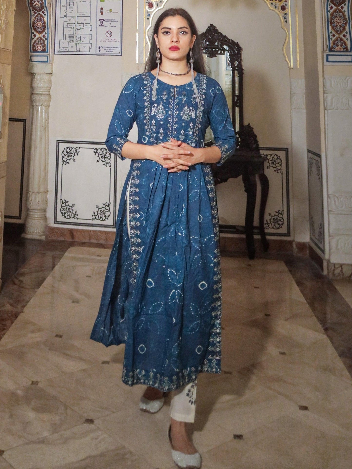 Blue Cotton Nyra Cut Kurta Pant Set featuring intricate embroidery and elegant design