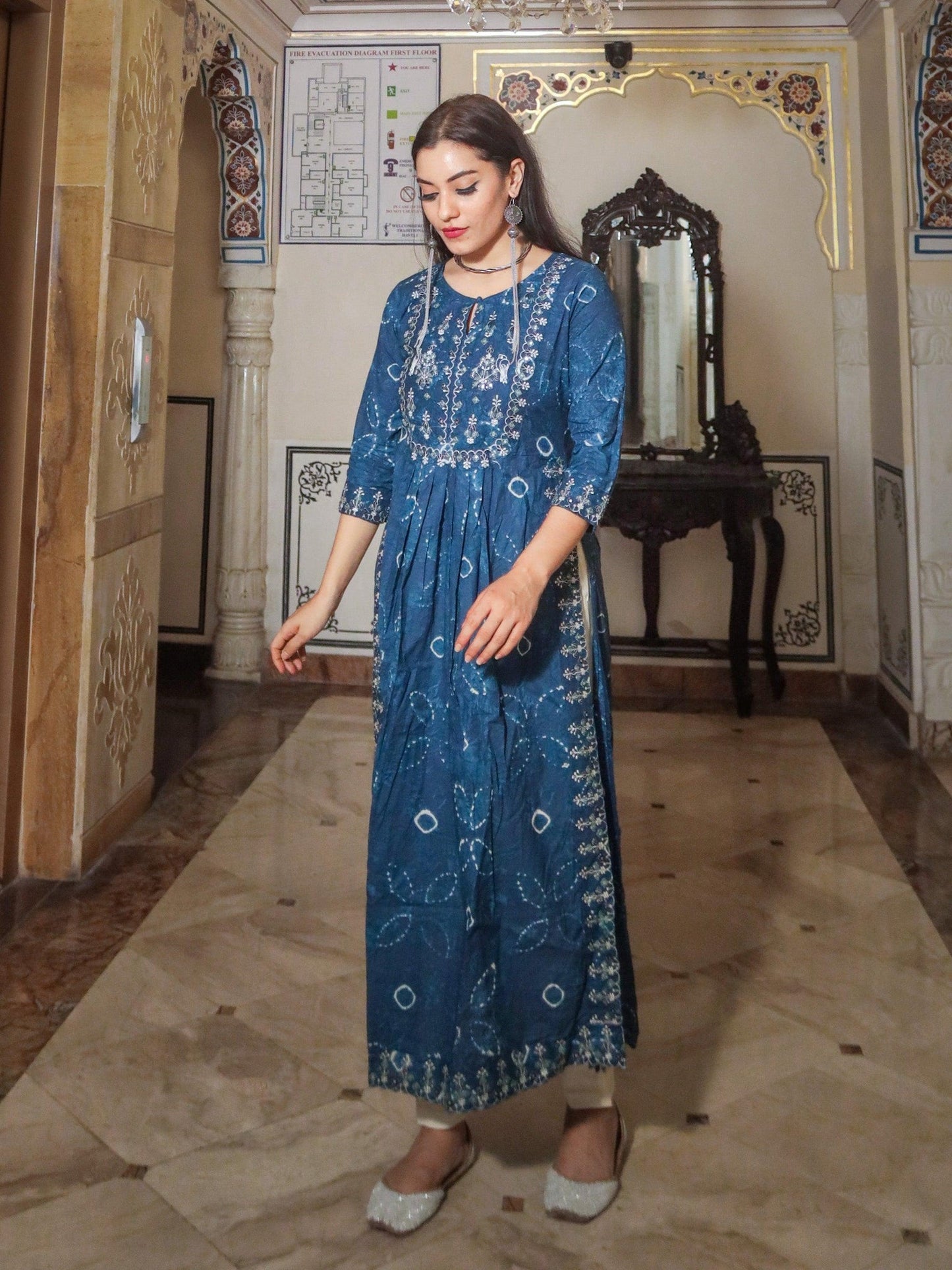 Blue Cotton Nyra Cut Kurta Pant Set featuring embroidered maxi dress and floral pattern