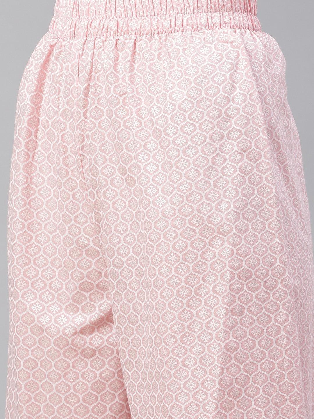 Pale pink patterned shorts or pajama bottoms with an elastic waistband.