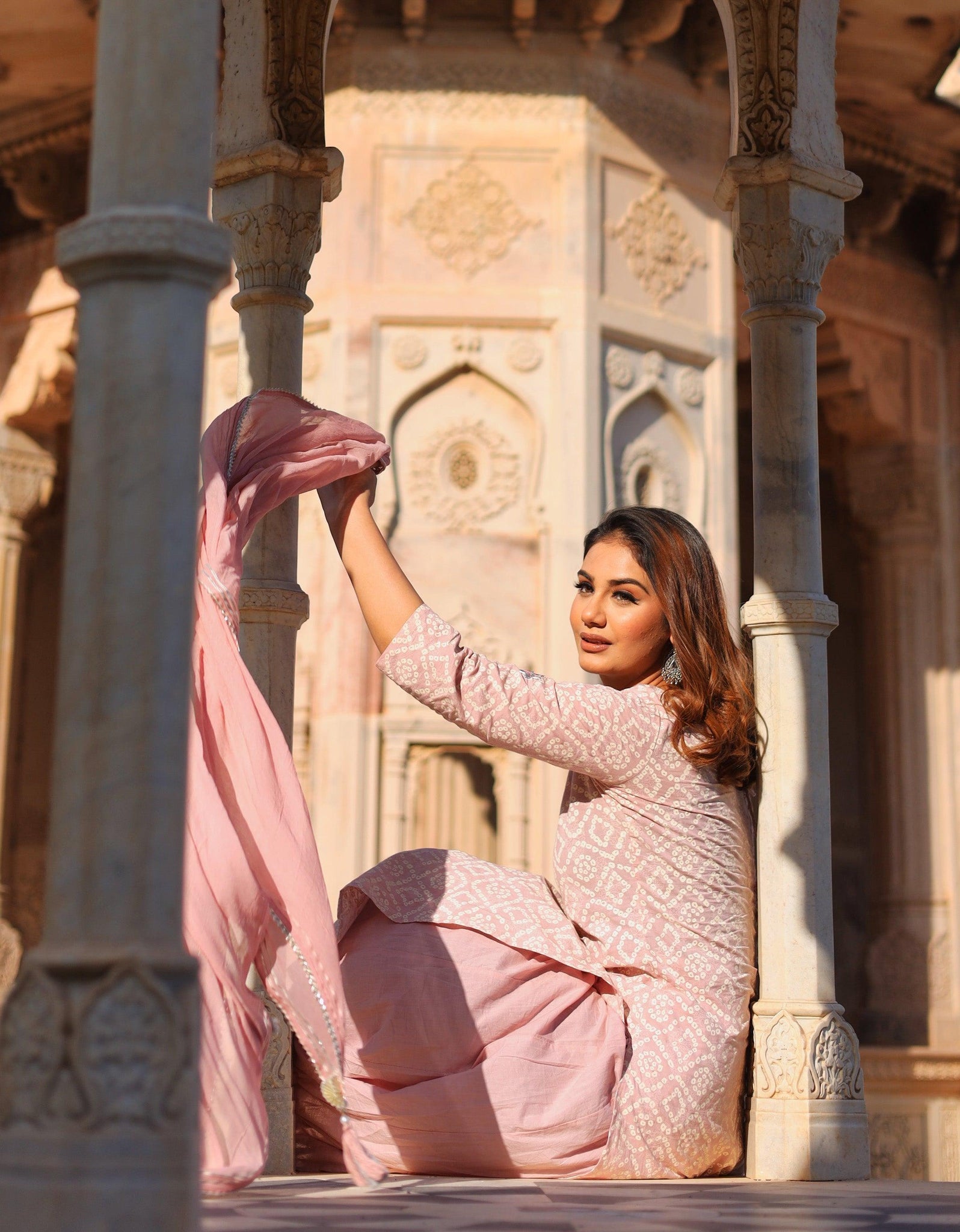 Woman in Light Pink Cotton Straight Kurta Palazzo Set with Dupatta featuring Gota Patti