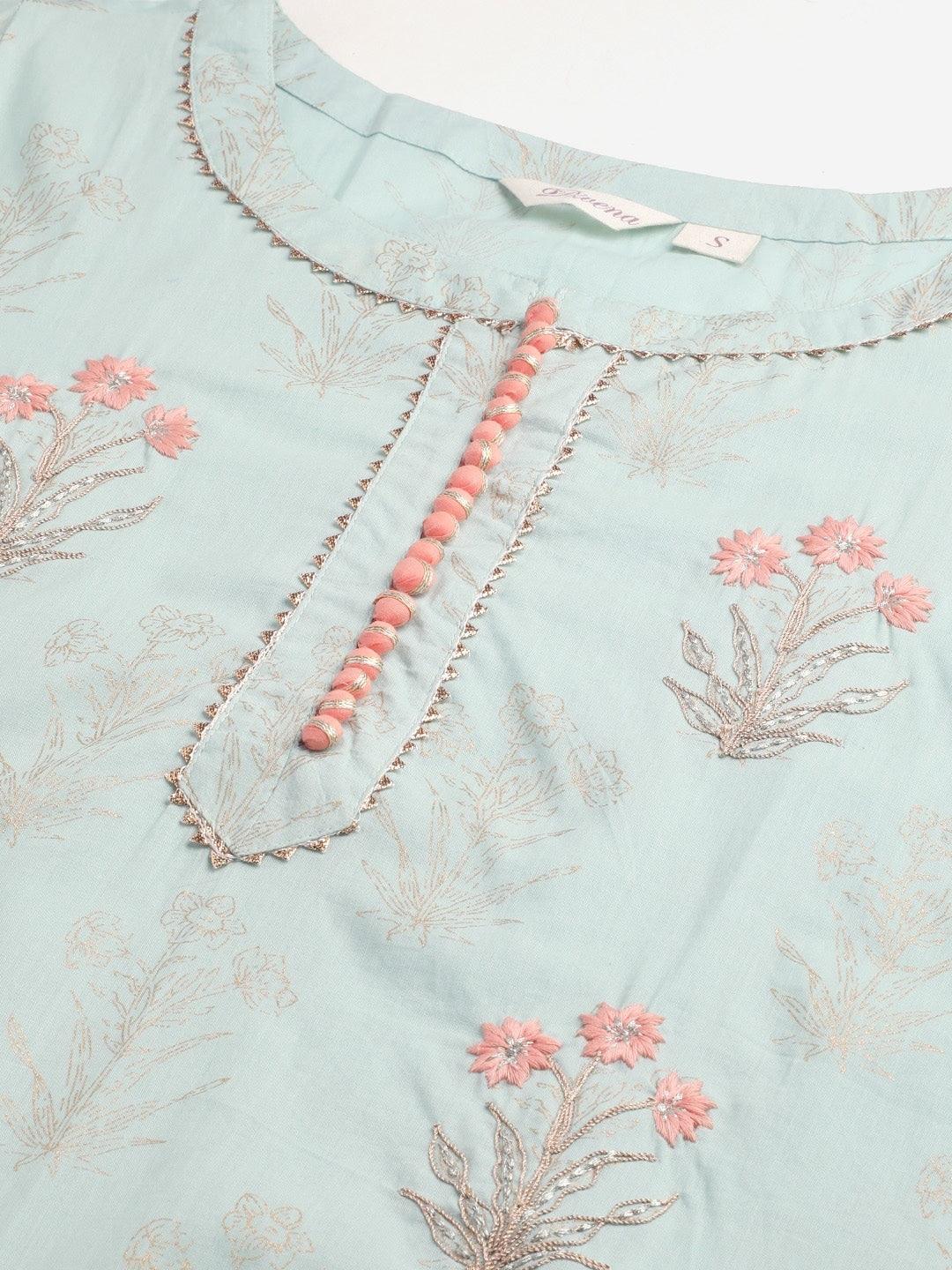 Mint green cotton kurta sharara set with floral embroidery and coral button details