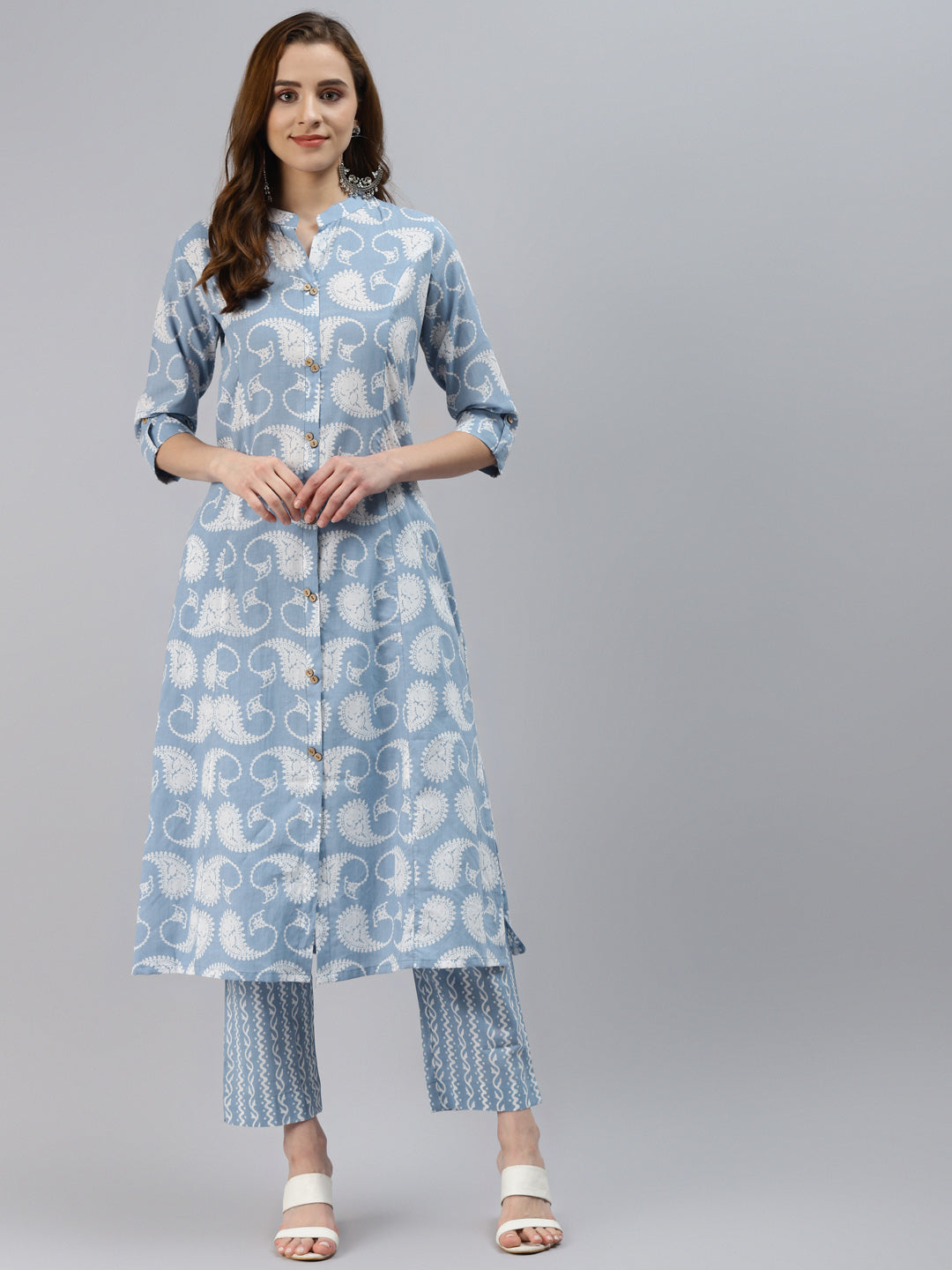 Light blue ethnic motifs printed kurta with matching striped palazzo for women