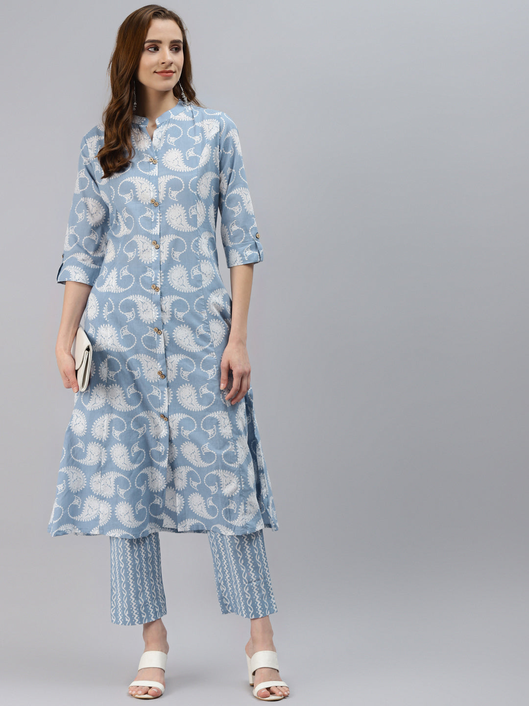 Light blue floral print kurta with striped palazzos for women blue ethnic style