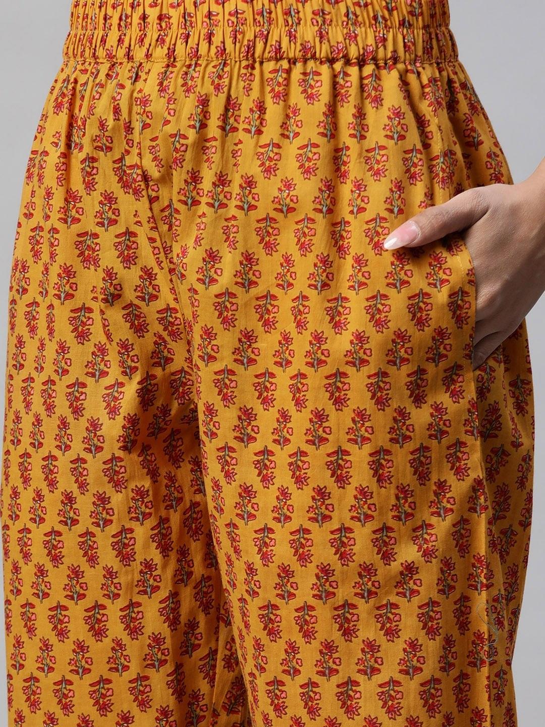 Yellow patterned palazzo pants with red floral print for Mustard Cotton Floral Kurta Pant Set