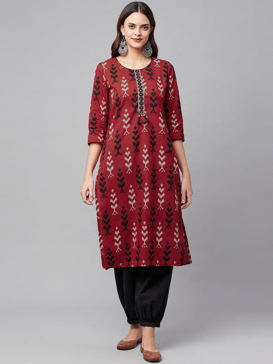 Red patterned maroon cotton straight kurta with three-quarter sleeves and cuffed pant set