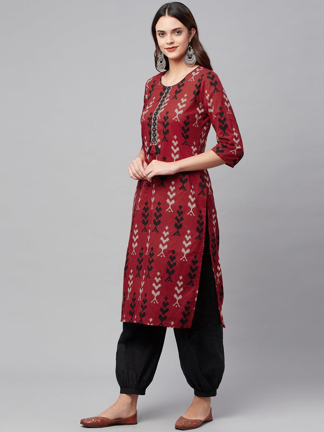 Maroon Cotton Straight Kurta worn with Black Pants from Cuffed Pant Set collection