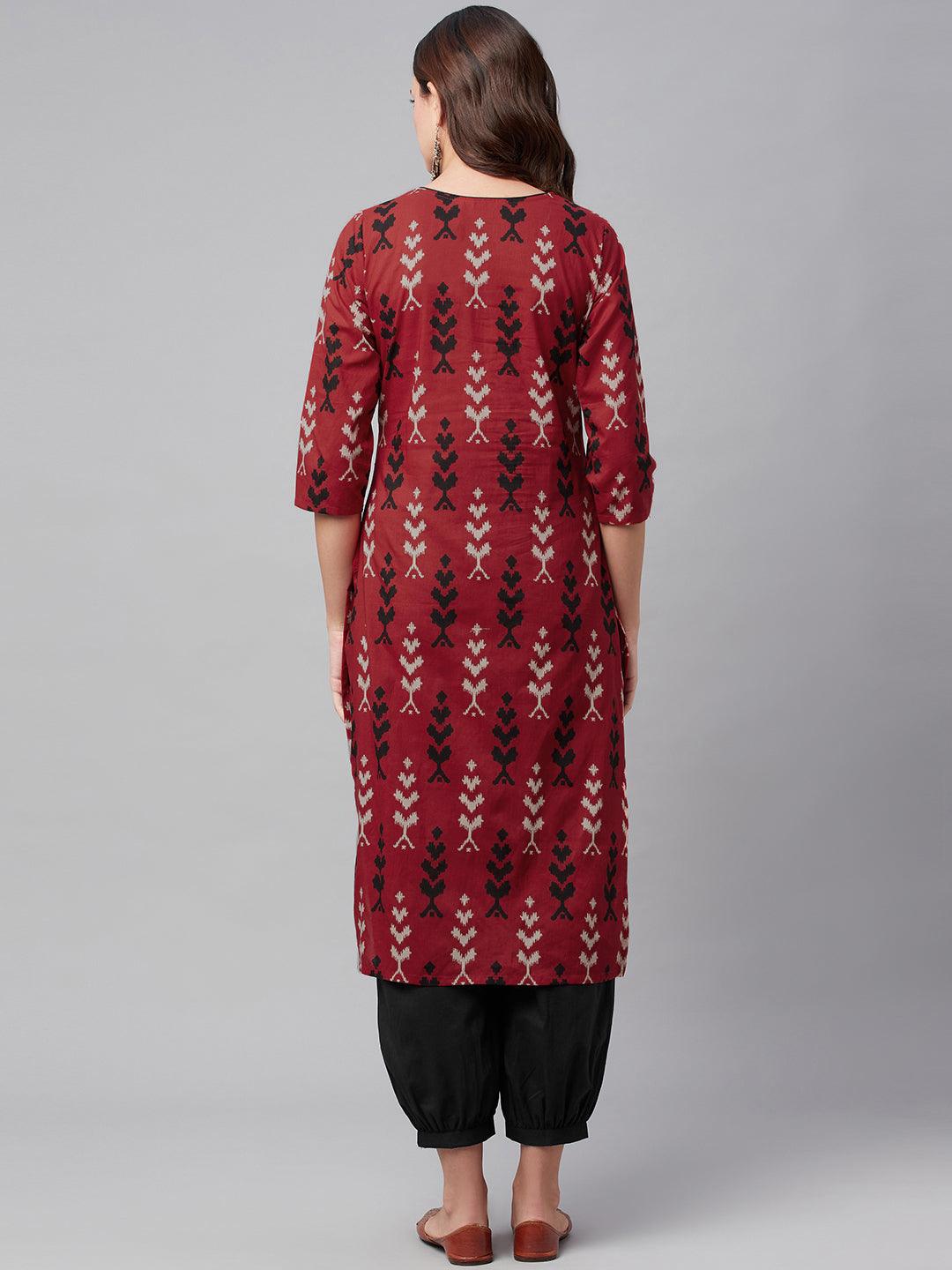 Maroon Cotton Straight Kurta and Cuffed Pant Set with Red Patterned Design and Sleves