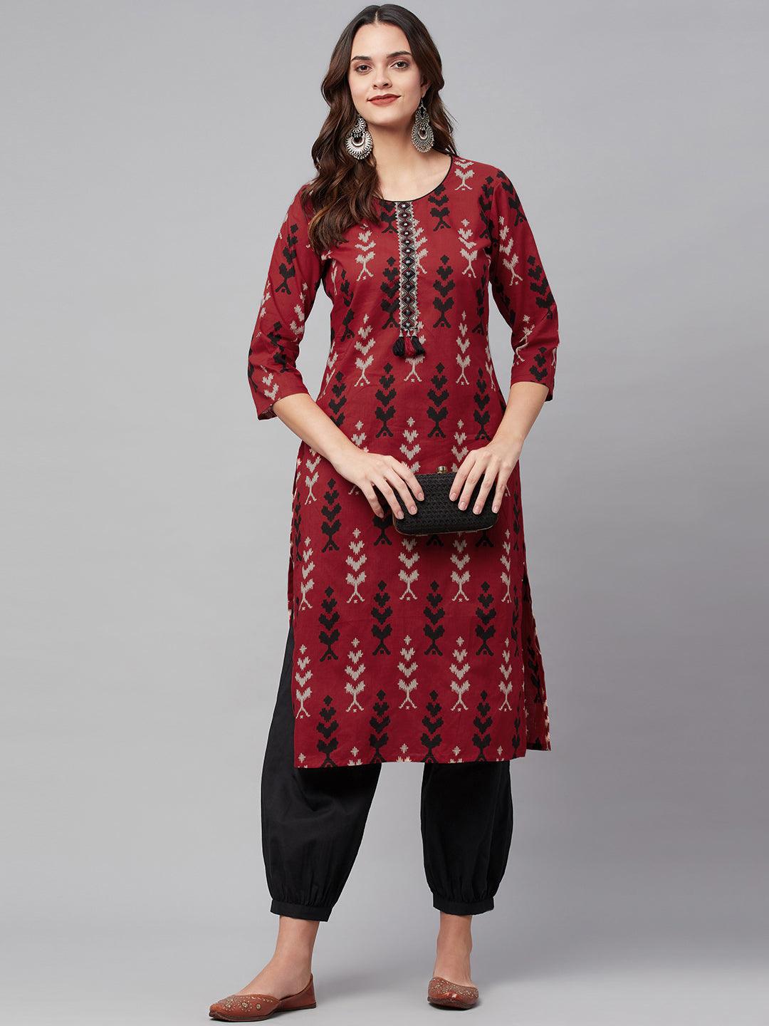 Maroon Cotton Straight Kurta with three-quarter sleeves and Cuffed Pant Set