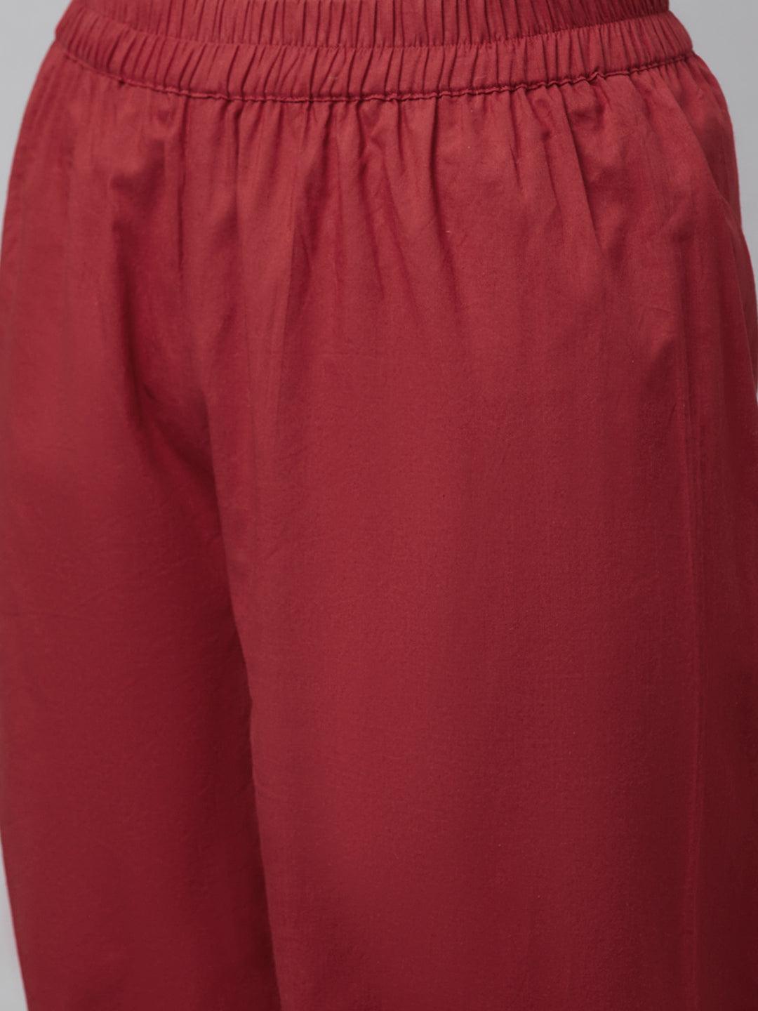 Red elastic-waist pants from Beige Cotton A-Line Kurta Hem Cuffed Pant Set