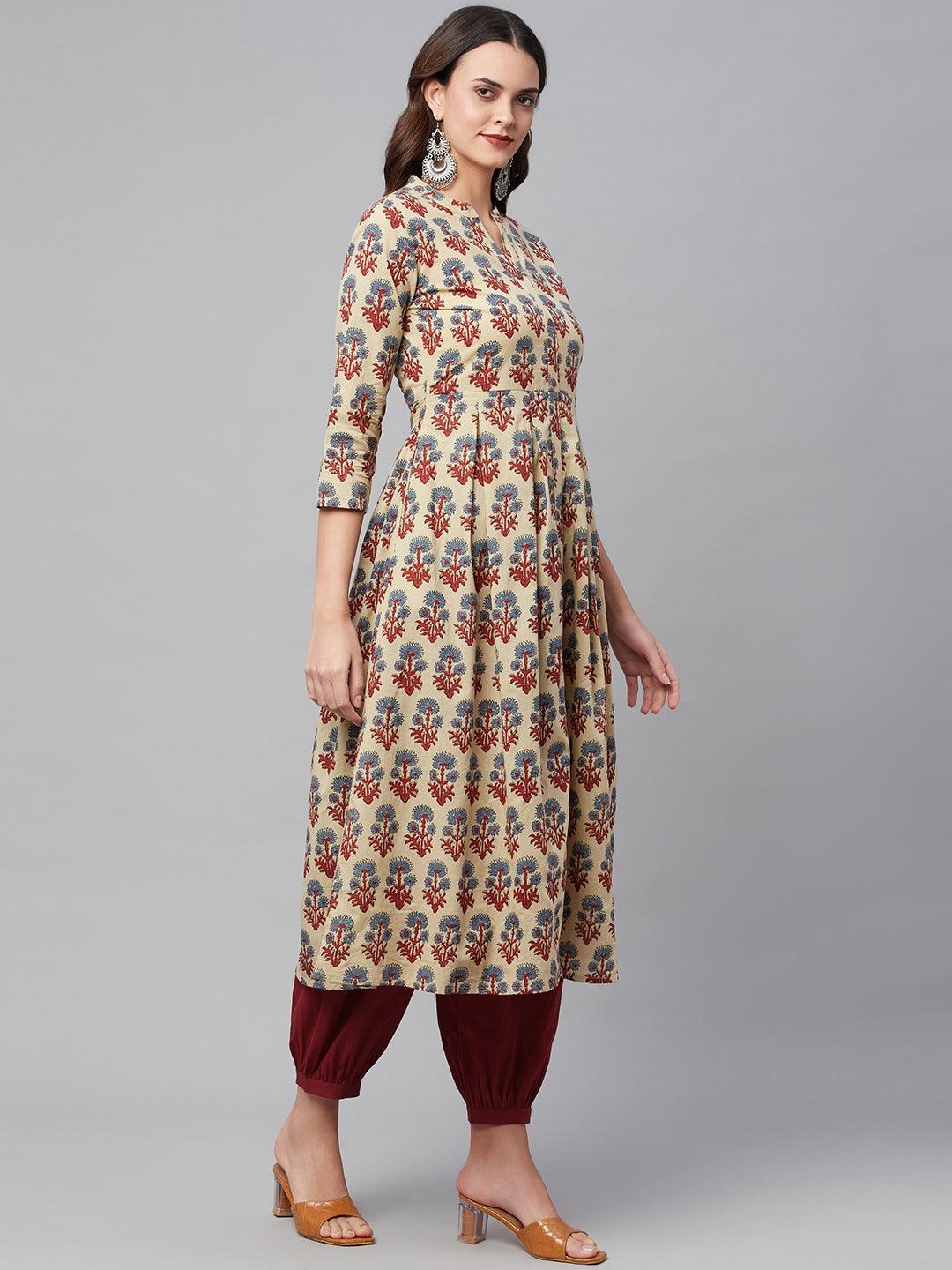 Floral print Beige Cotton A-Line Kurta Hem Cuffed Pant set with maroon pants