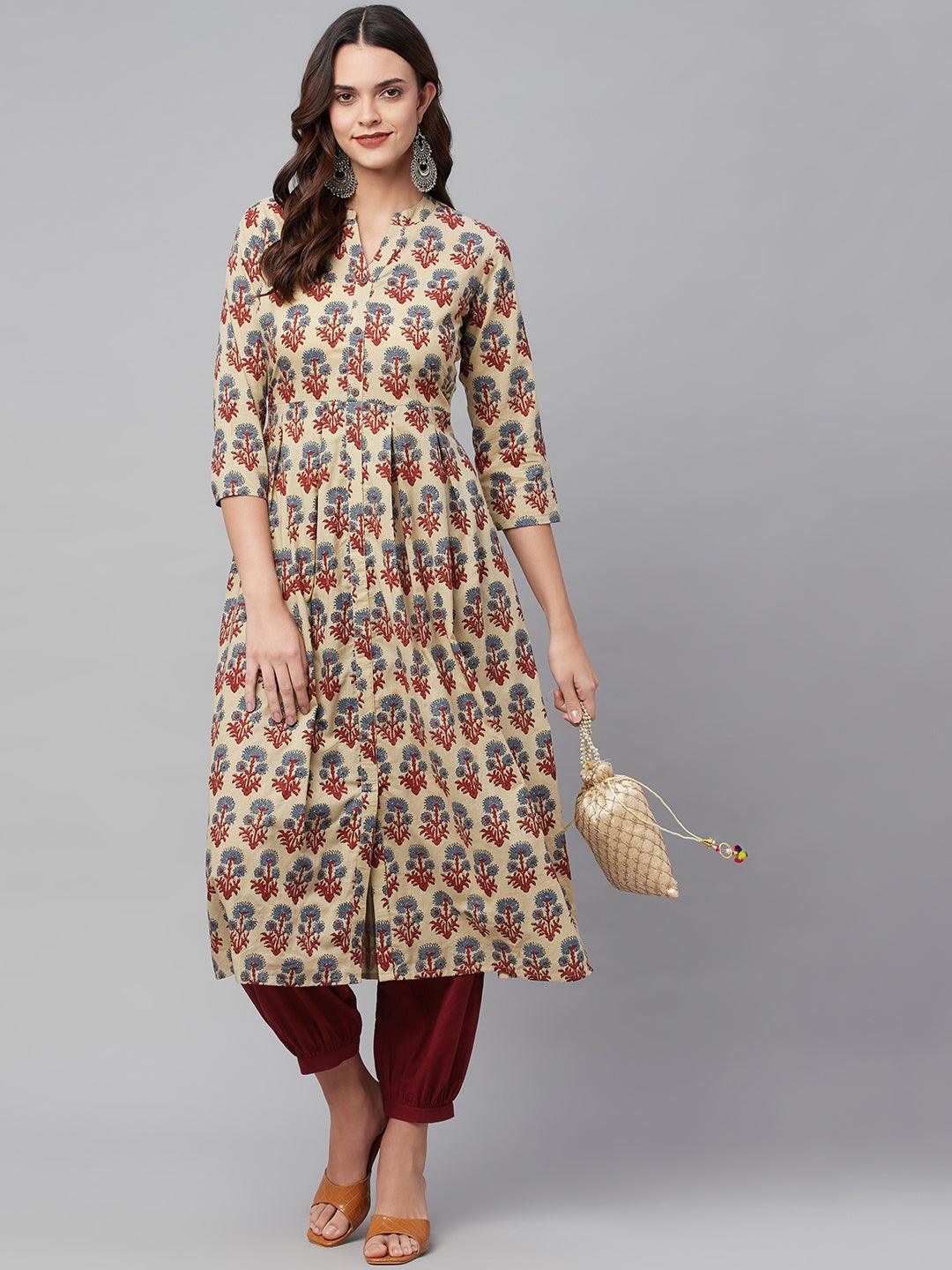 Beige Cotton A-Line Kurta hem cuffed with floral print and three-quarter sleeves