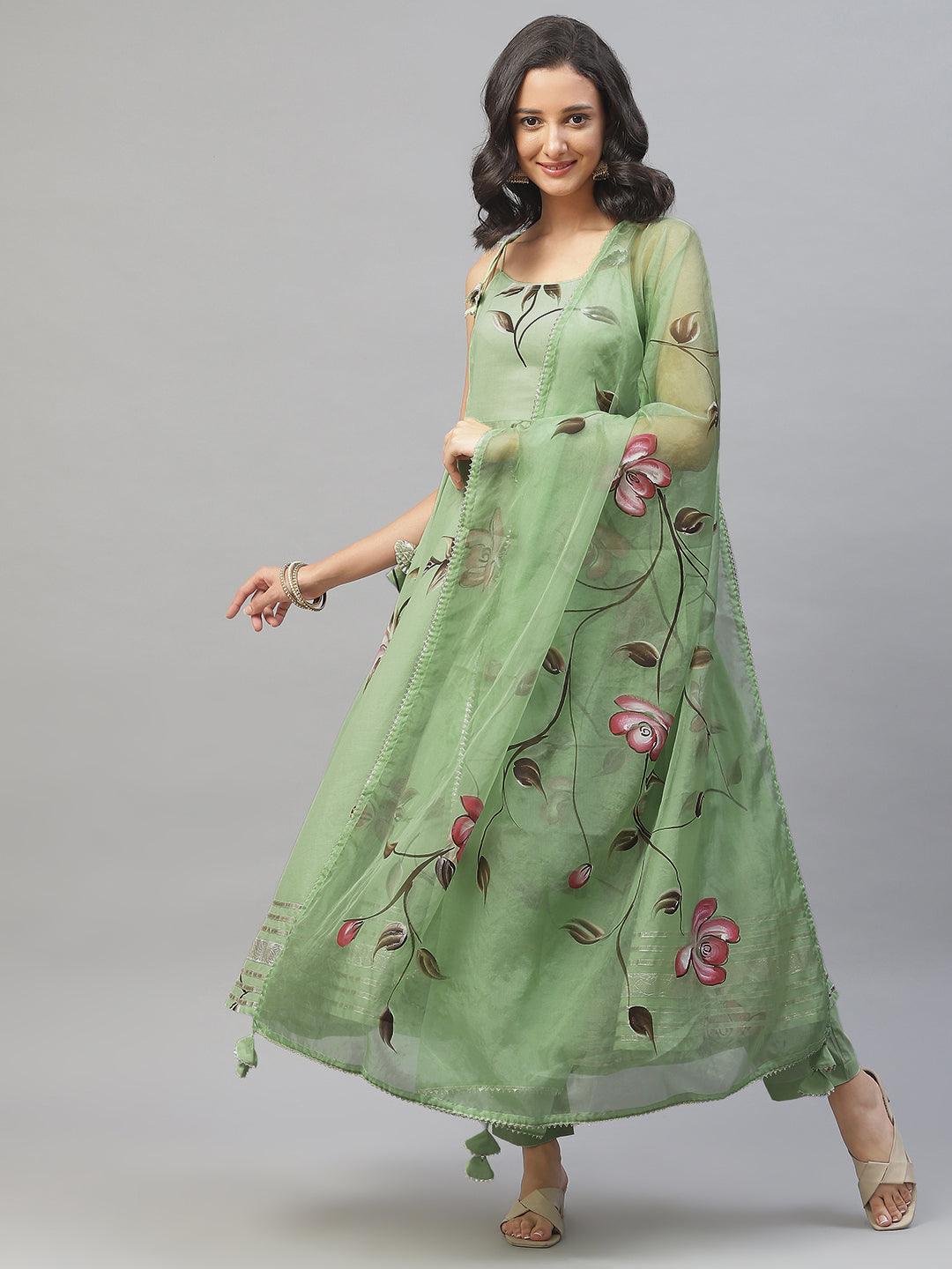 Light Green Hand Painted Floral Anarkali Kurta Pant Set with Sheer Sleeves and Tassels