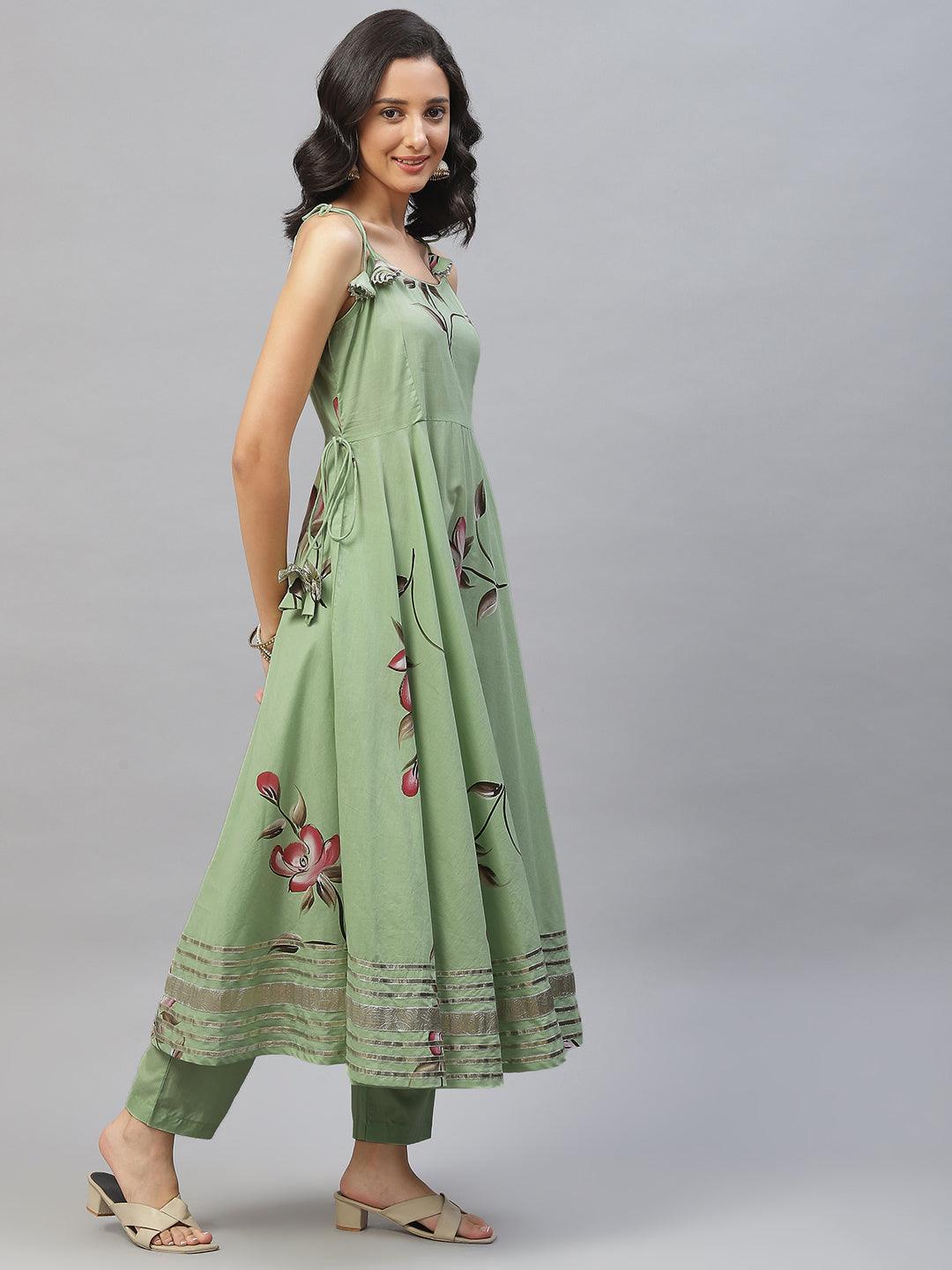 Light Green Hand Painted Floral Anarkali Kurta Pant Set with Dupatta in flared silhouette