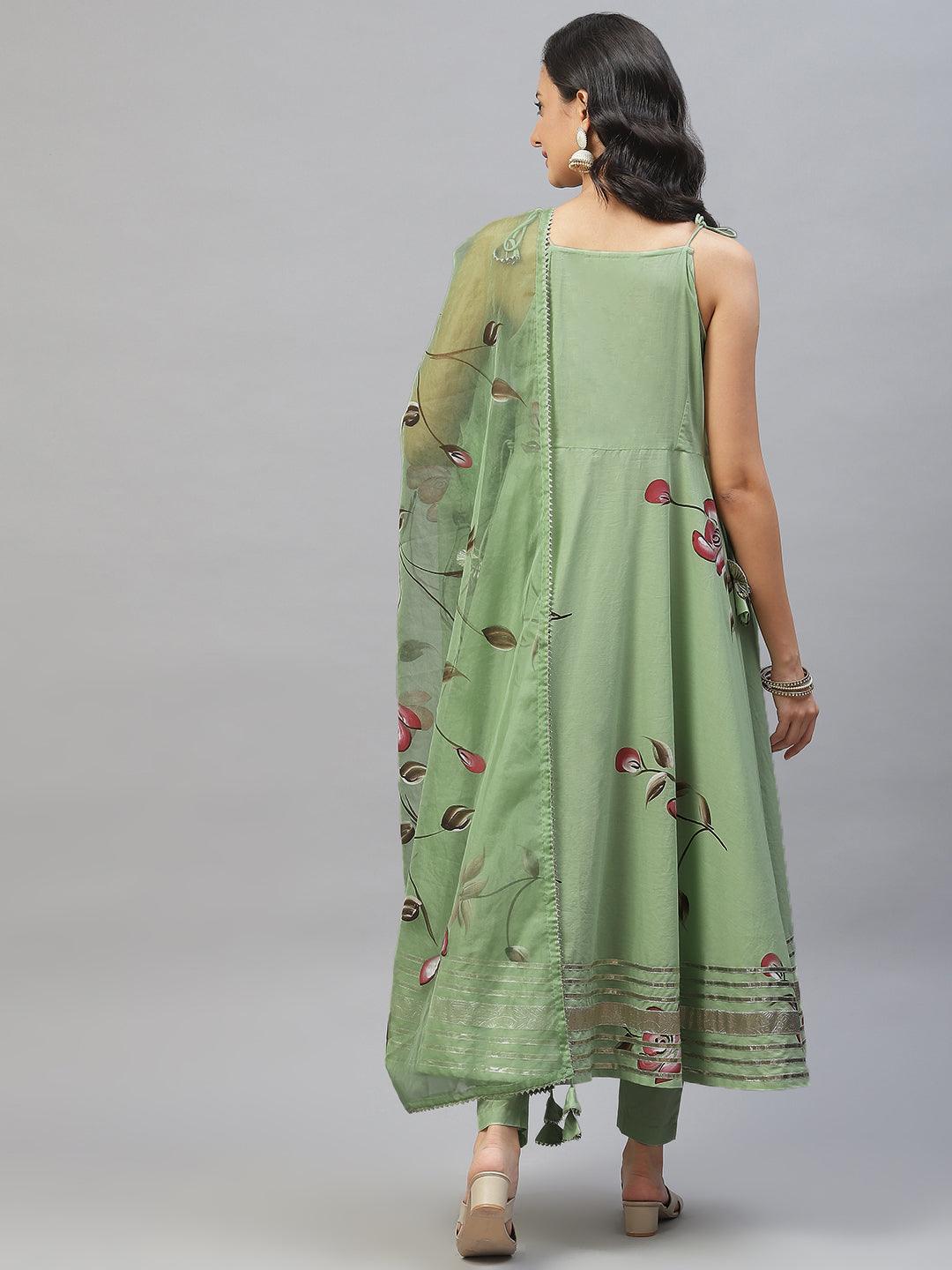 Light Green Hand Painted Floral Anarkali Kurta Pant Set with Sheer Dupatta