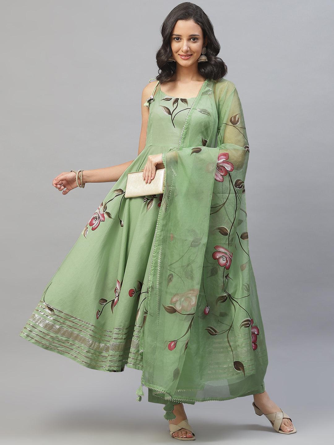 Light Green Hand Painted Floral Anarkali Kurta Pant Set with Matching Dupatta