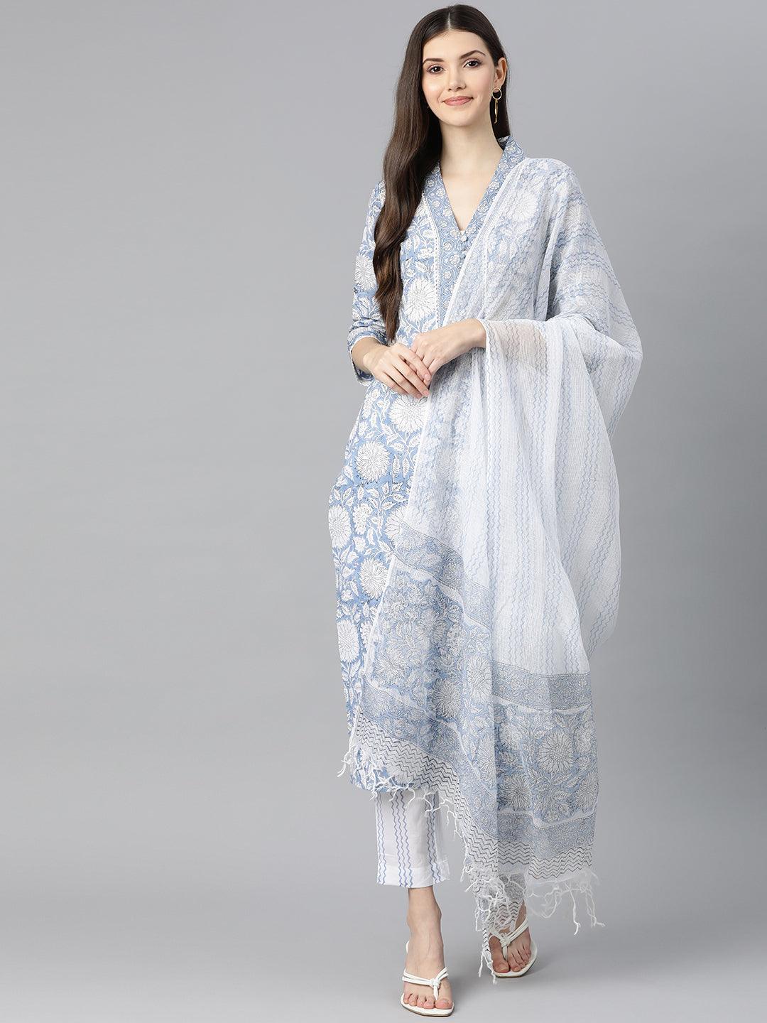 Woman in Sky Blue Hand Block Printed Kurta Pant Set with Dupatta