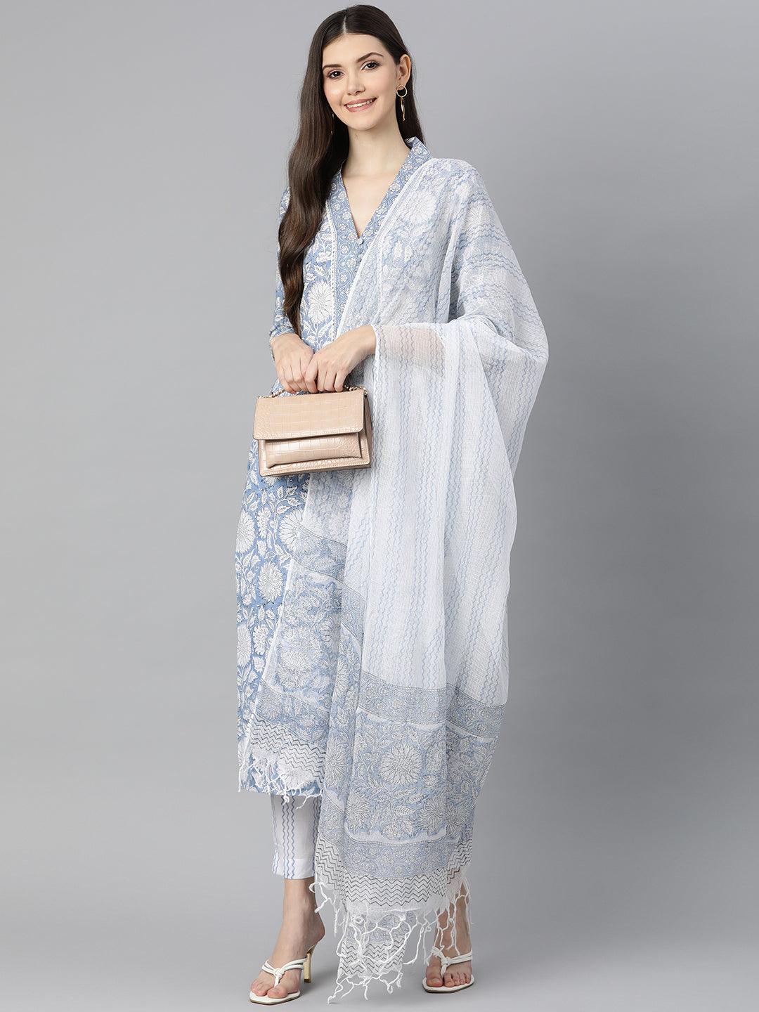 Elegant Sky Blue Hand Block Printed Kurta Pant Set with Floral Dupatta Outfit