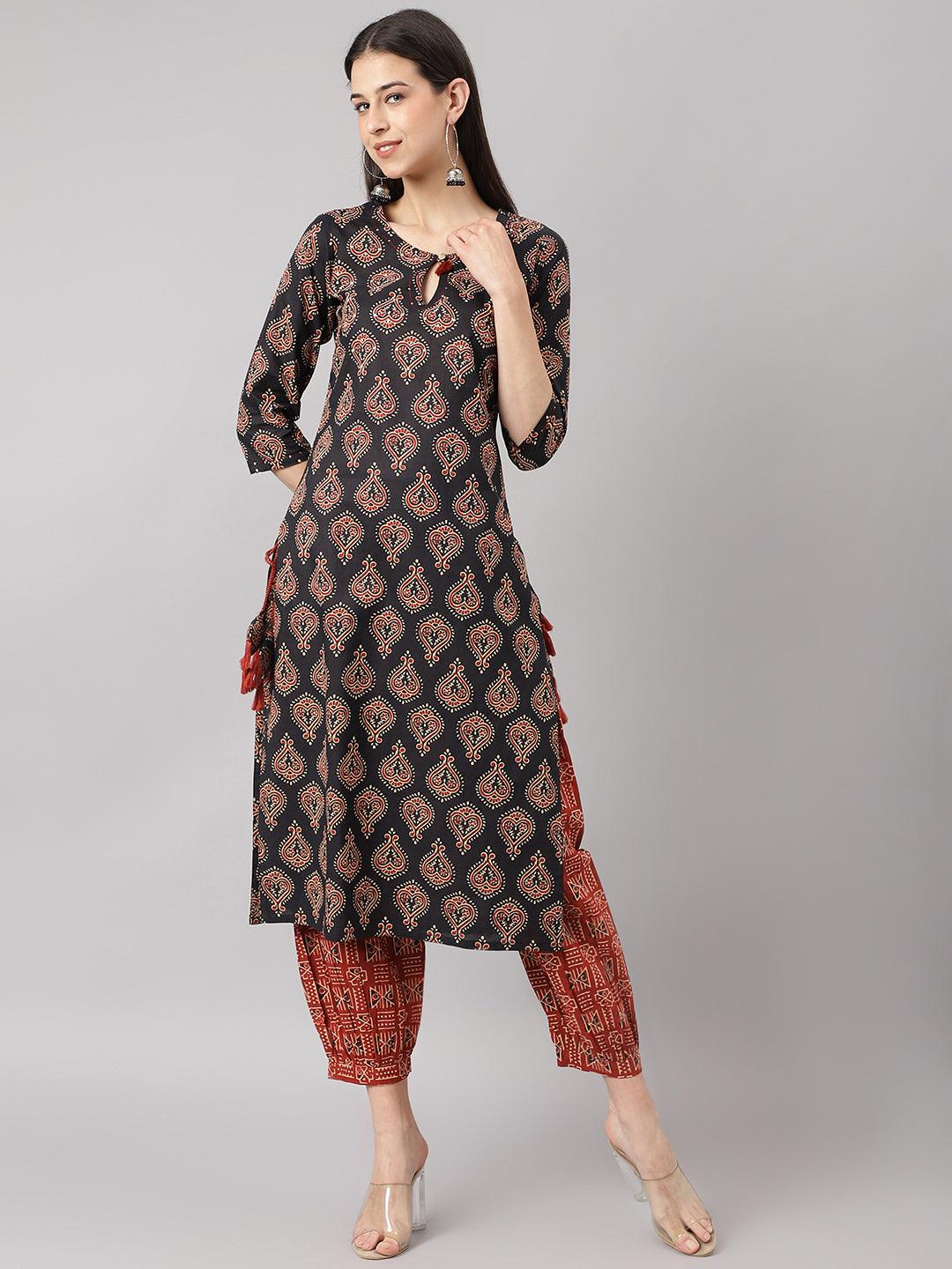 Black and Red Cotton Buti Printed Kurta with Cuffed Pant Set featuring diamond motifs