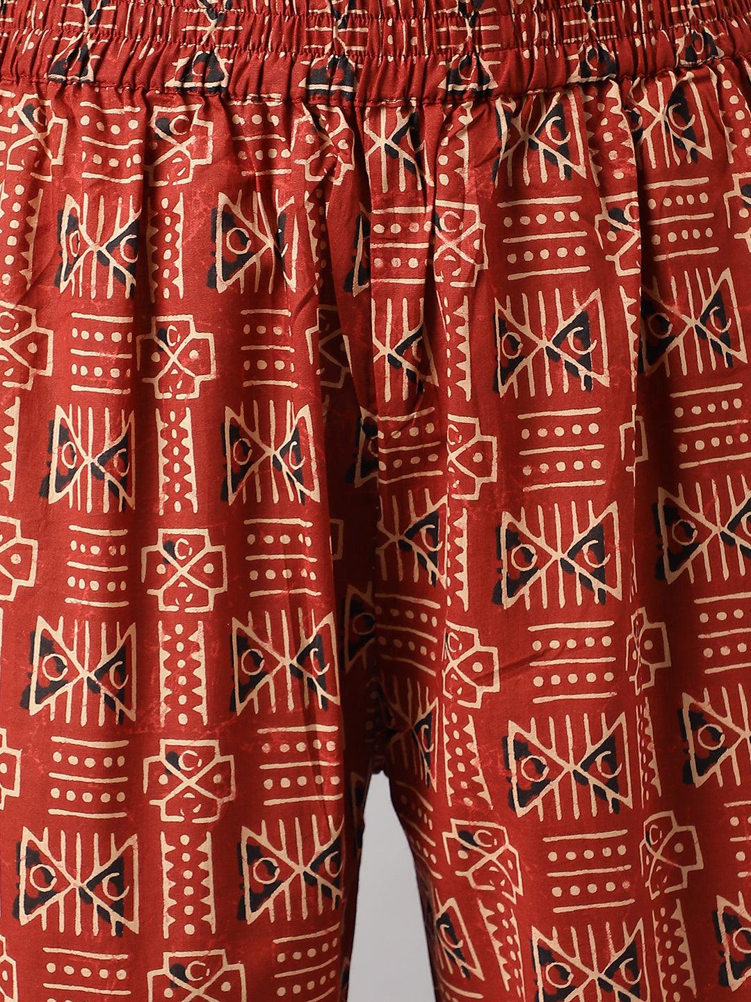 Patterned red cotton buti fabric with geometric designs for a stylish buti printed kurta set