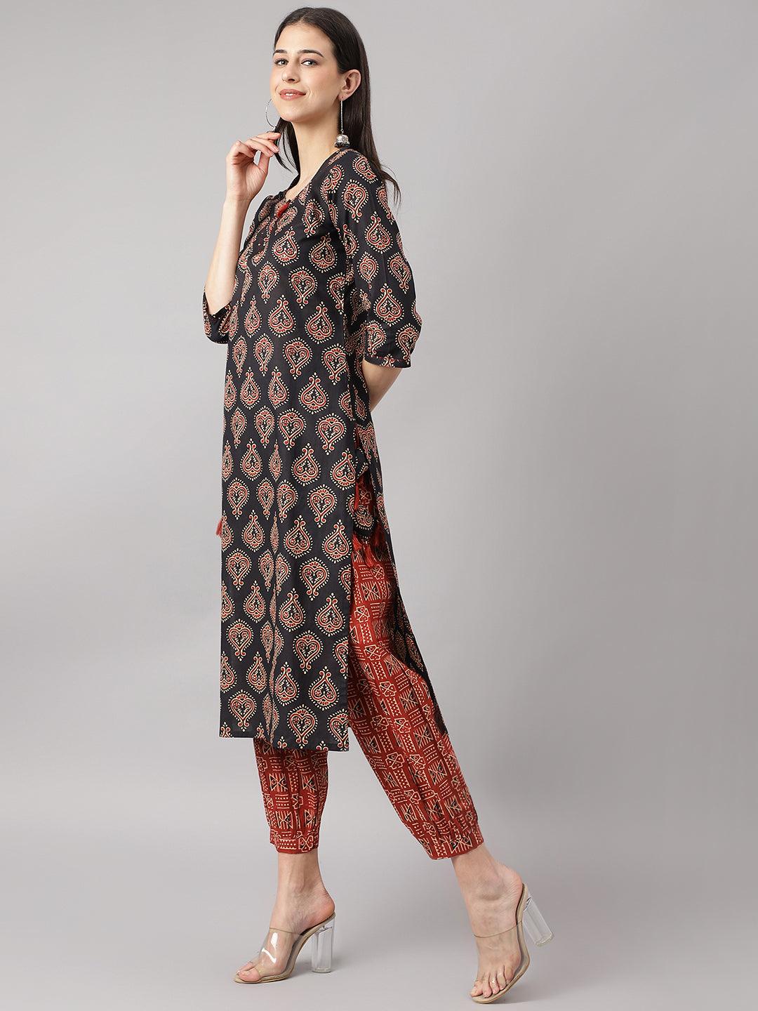 Long Red Cotton Buti Printed Kurta with Side Slits over Cuffed Pant Set and Sandals