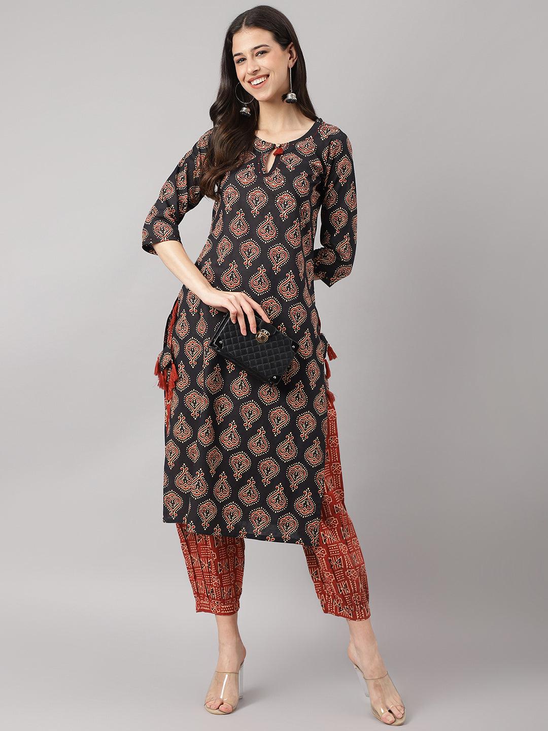 Black and Red Cotton Buti Printed Kurta with hem Cuffed Pant Set featuring paisley design