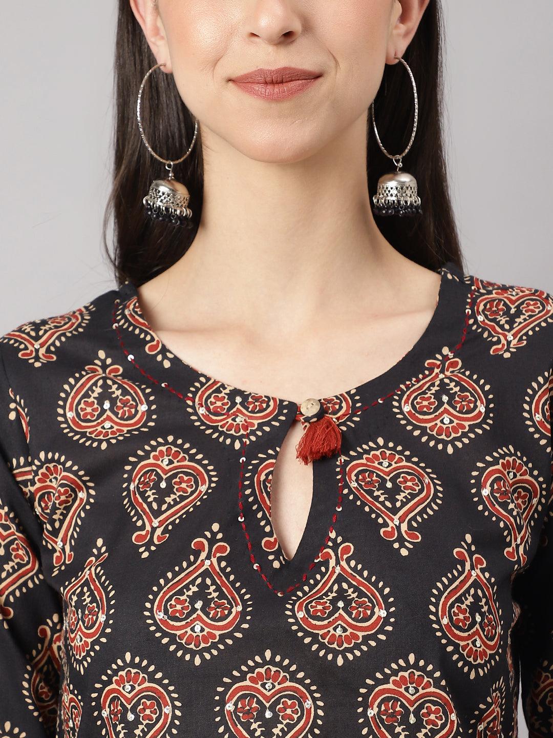 Patterned black buti printed kurta with red and orange designs and cuffed pant set