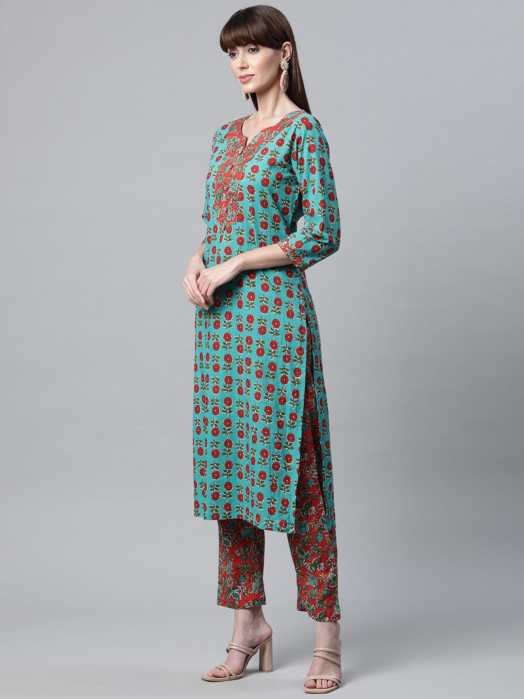 Teal and red patterned Rama Green Cotton Straight Kurta Pant Set with Dupatta