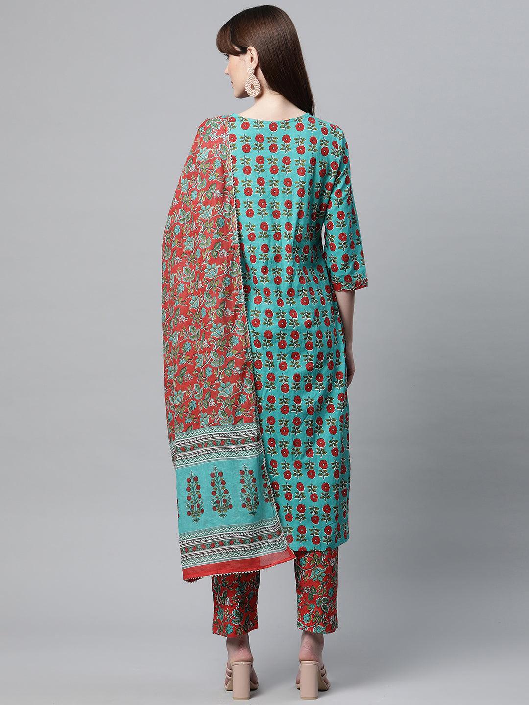 Colorful Rama Green Cotton Straight Kurta Pant Set with contrasting dress and dupatta patterns