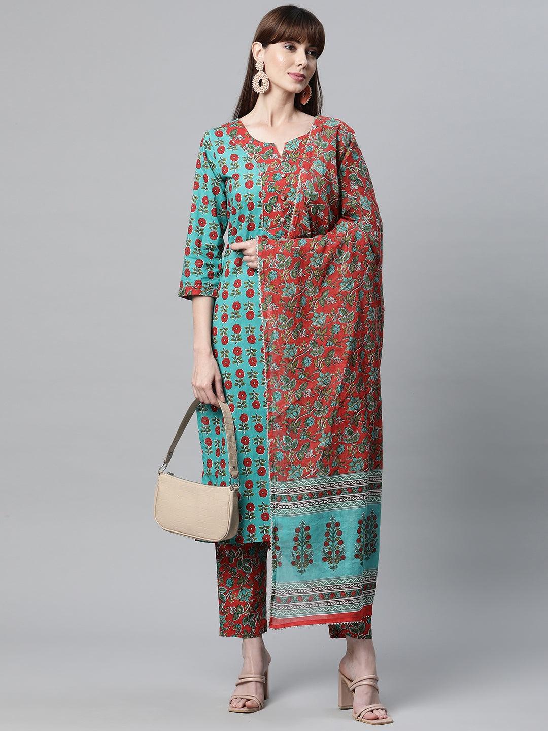 Colorful Rama Green Cotton Straight Kurta Pant Set with Dupatta and floral patterns