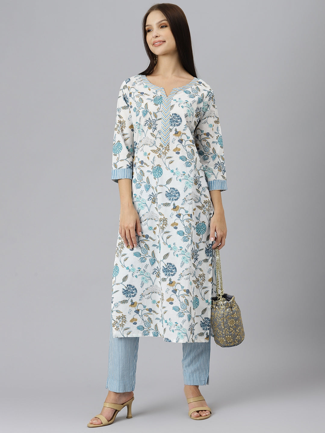 Women White Floral Printed Pure Cotton Kurta paired with blue striped trousers