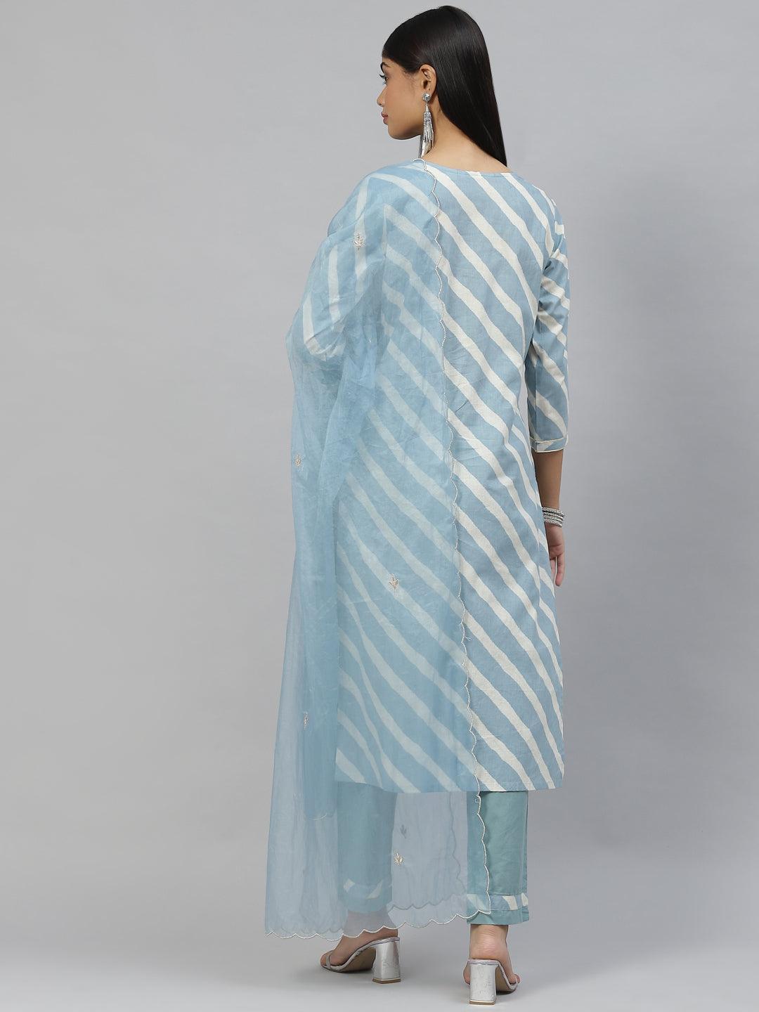 Light blue Leheriya cotton kurta with diagonal white stripes and organza dupatta