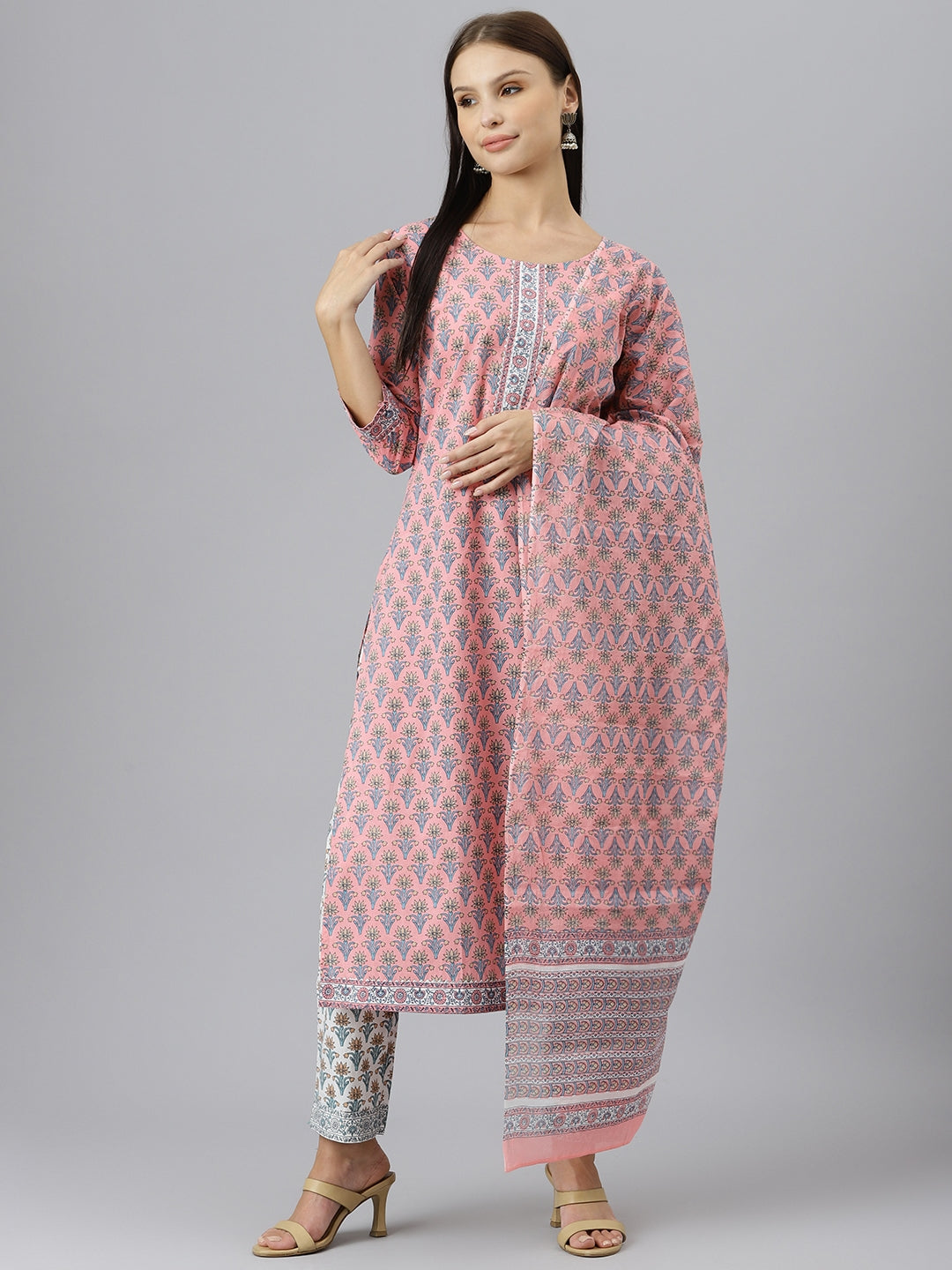 Pink Printed Gotta Patti Pure Cotton Kurta with Trousers and Dupatta set for women