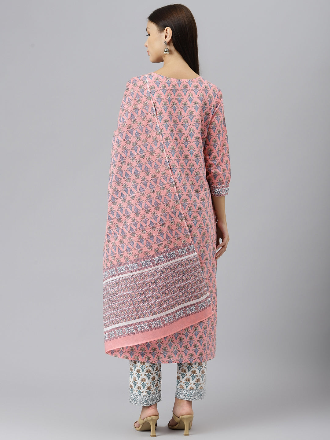 Pink Printed Gotta Patti Pure Cotton Kurta with Trouser and Dupatta elegantly displayed