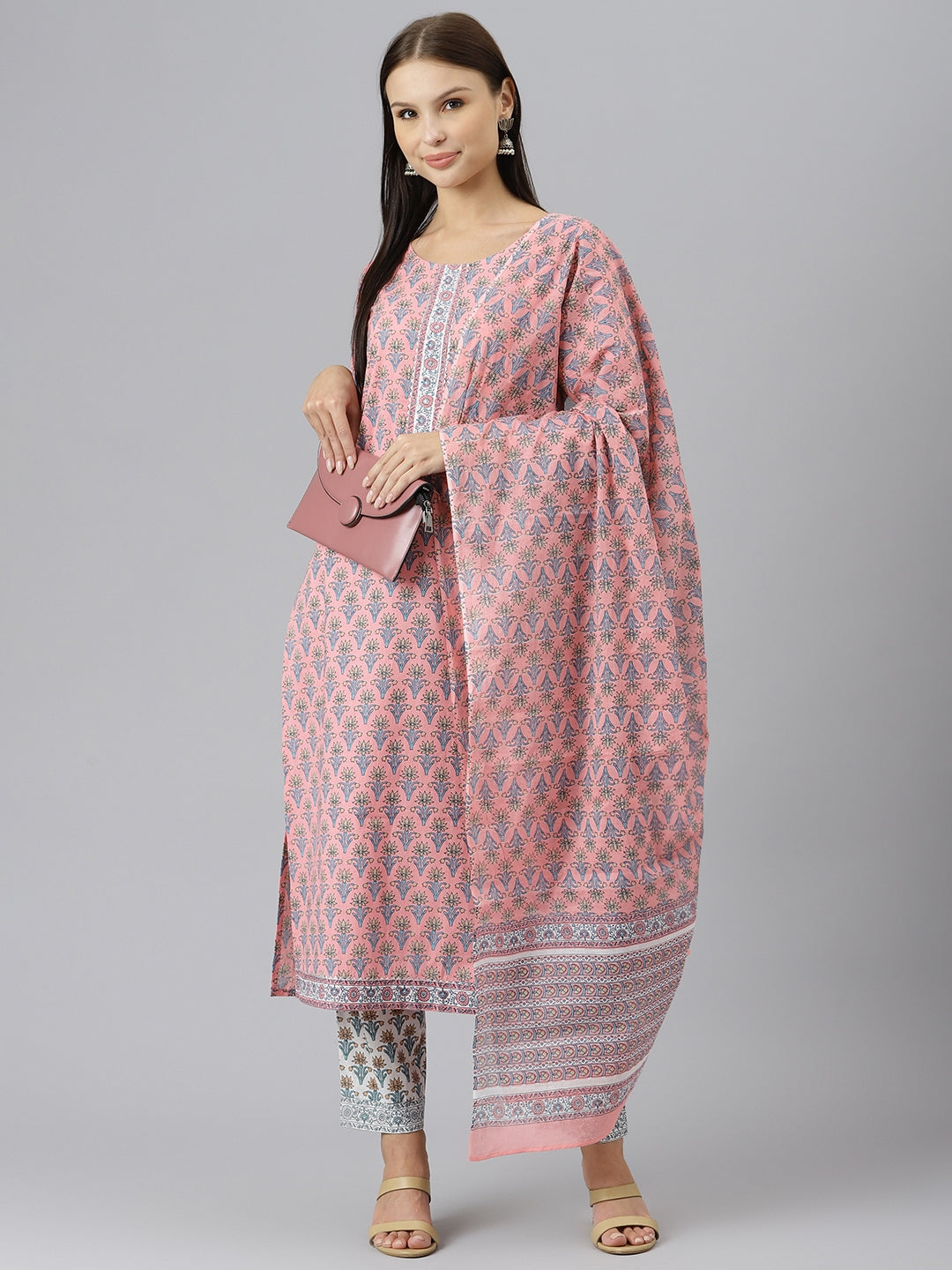 Pink Printed Gotta Patti Pure Cotton Kurta Set with Wide Sleeves and Matching Pants