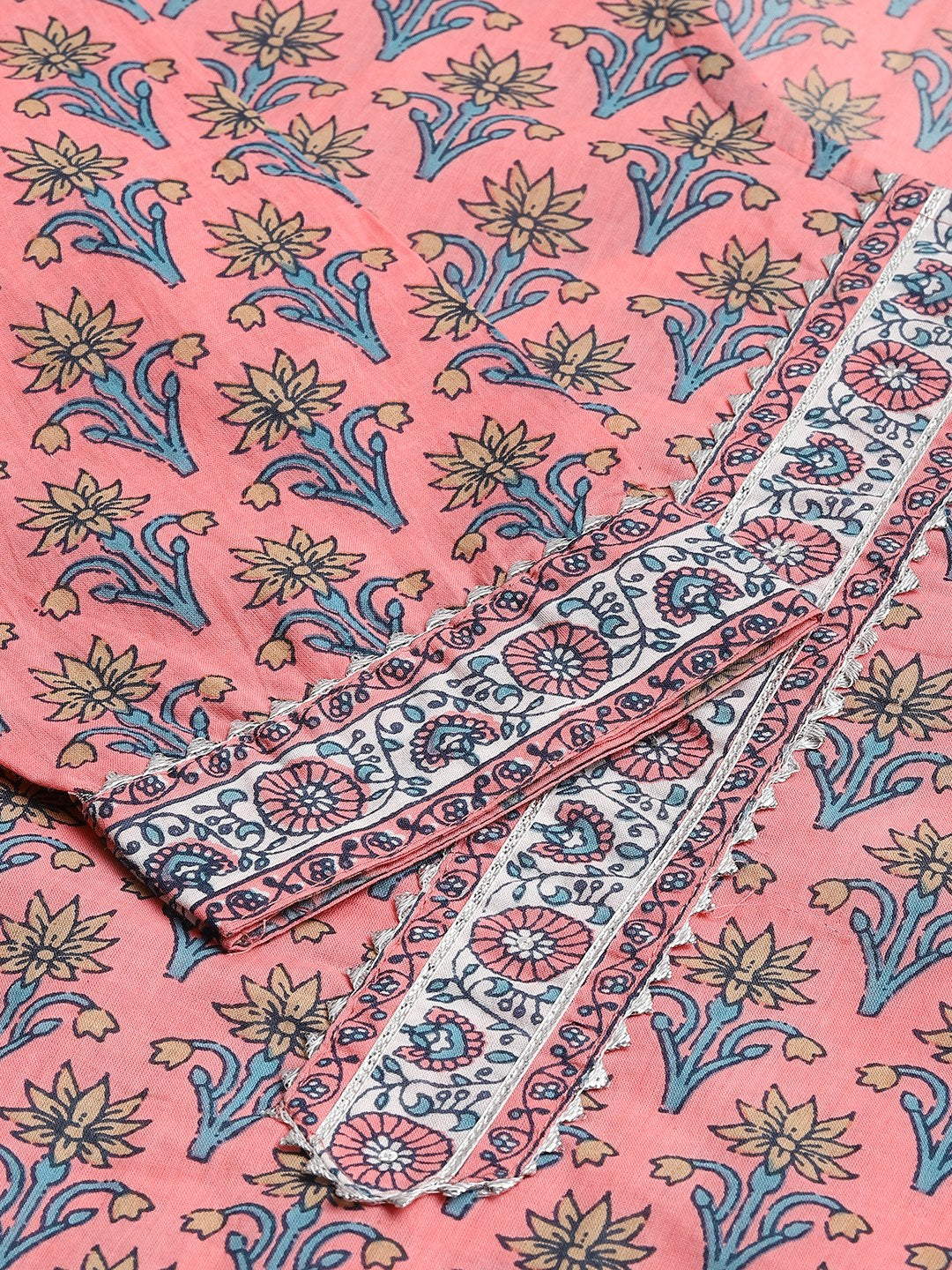 Floral patterned pink printed Gotta Patti pure cotton fabric for Women Kurta & Trousers