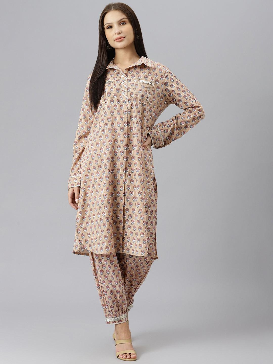 Long-sleeved Beige Cotton Shirt Style Kurta and Cuffed Pant Co-ord Set for women