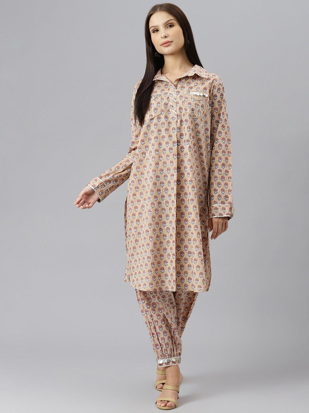 Long-sleeved polka dot tunic dress with matching cuffed pant co-ord set for women