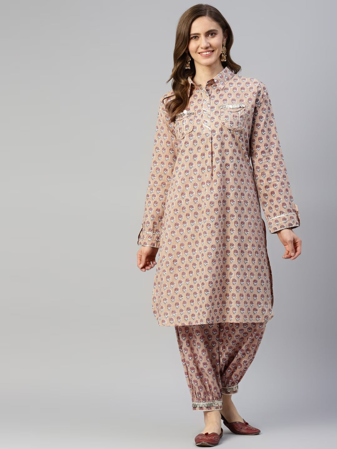 Woman in light pink patterned shirt style kurta with cuffed pant co-ord set women