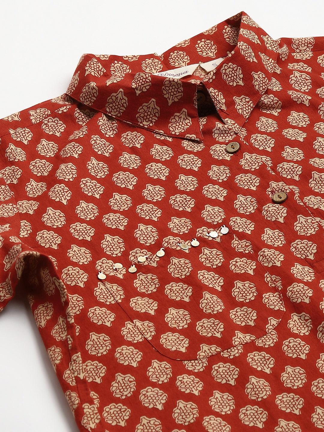 Red Cotton Shirt Style Kurta with Gold Floral Pattern in Cuffed Pant Co-ord Set