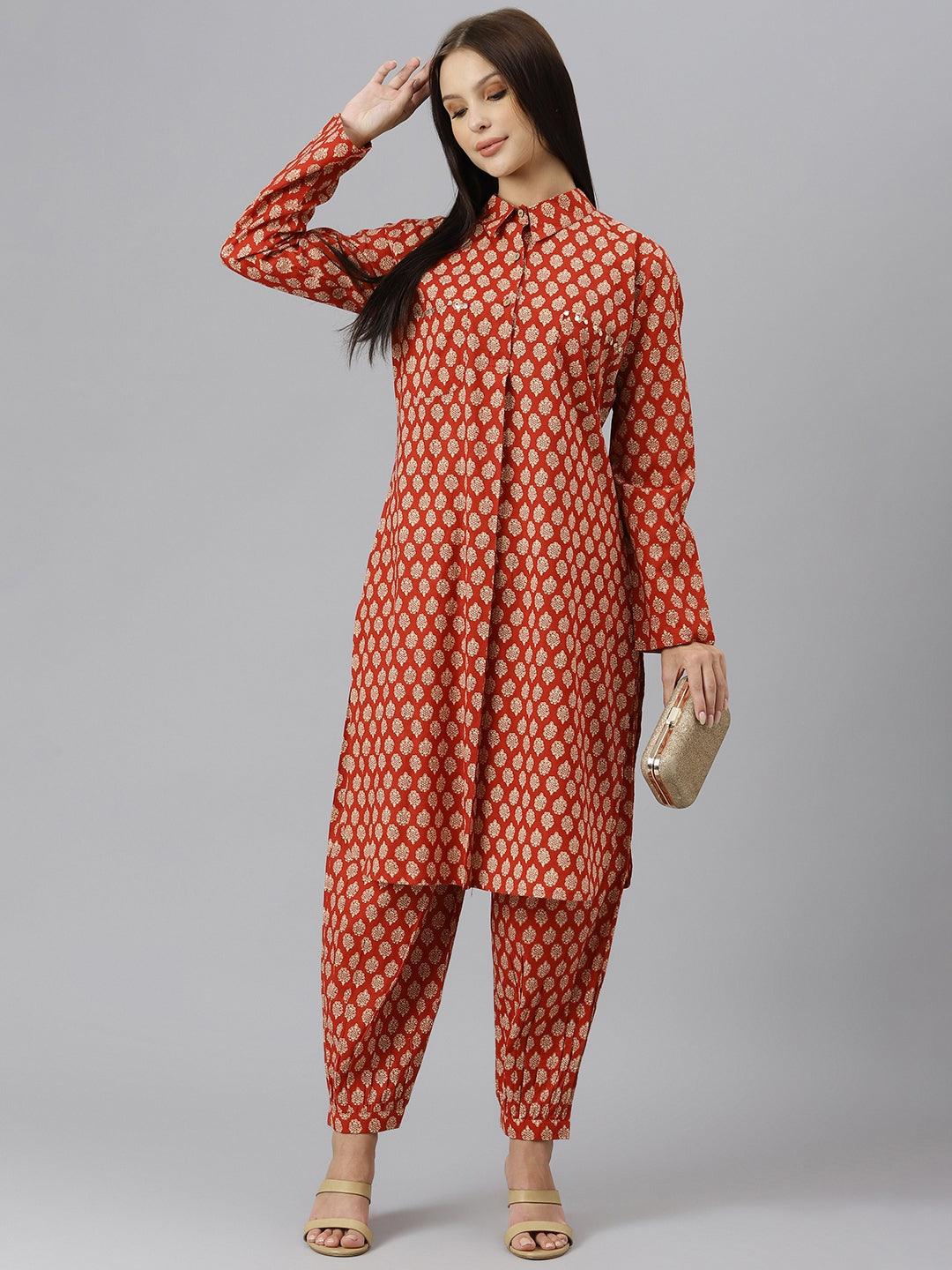 Red and white patterned jumpsuit with long sleeves in Maroon Cotton Shirt Style Kurta Co-ord