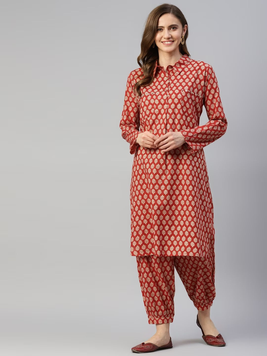 Woman wearing a Maroon Cotton Shirt Style Kurta and Cuffed Pant Co-ord Set