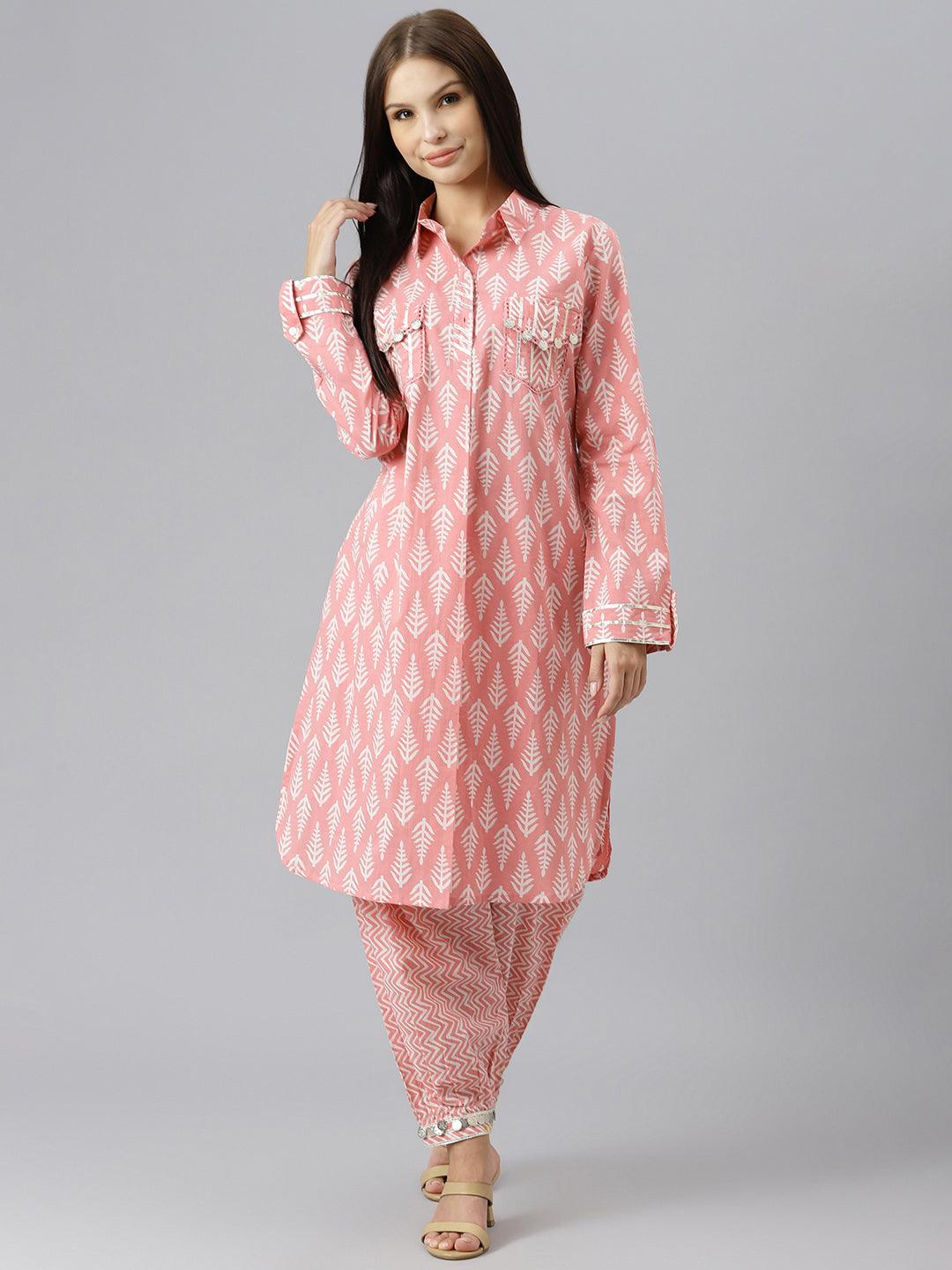 Pink Cotton Shirt Style Kurta with Matching Hem Cuffed Pant Co-ord Set in elegant pattern