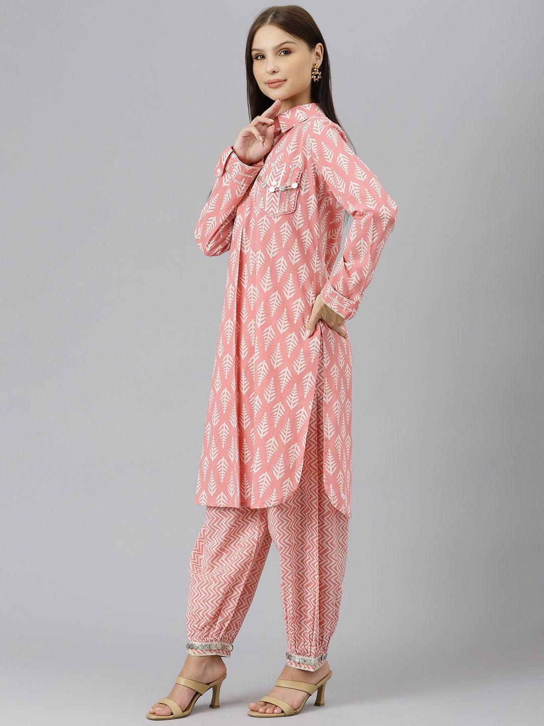 Woman wearing Pink Cotton Shirt Style Kurta and Hem Cuffed Pant Co-ord Set