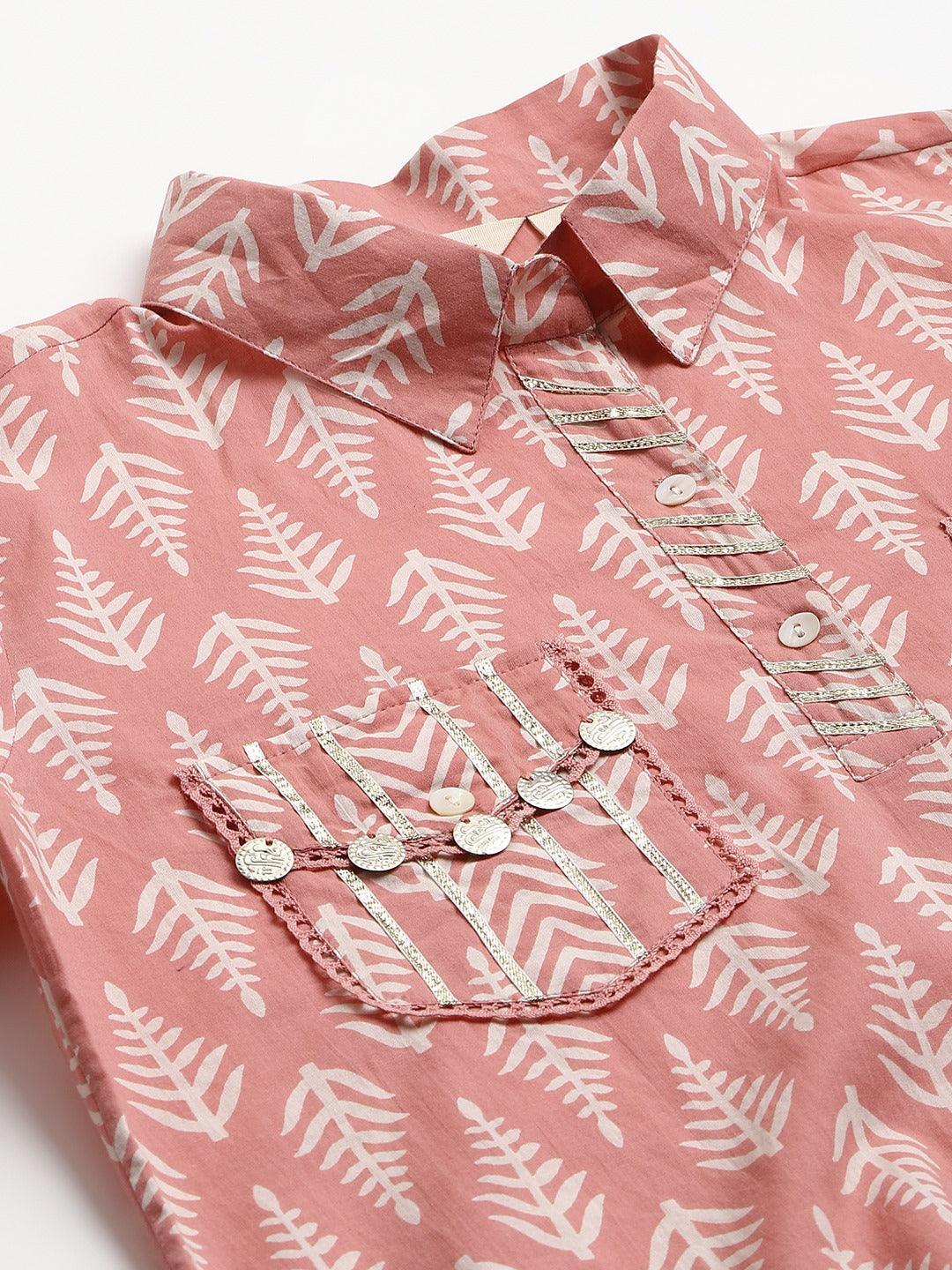 Pink button-up shirt with white leaf pattern in a stylish Shirt Style Kurta and Hem Cuffed Pant co-ord