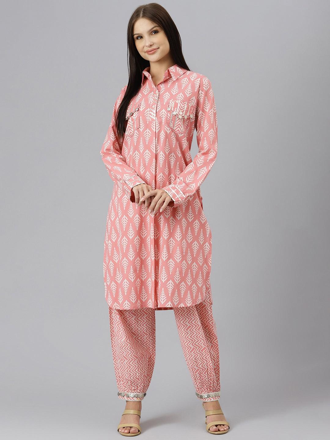 Woman with long dark hair in a Pink Cotton Shirt Style Kurta and Hem Cuffed Pant Co-ord Set