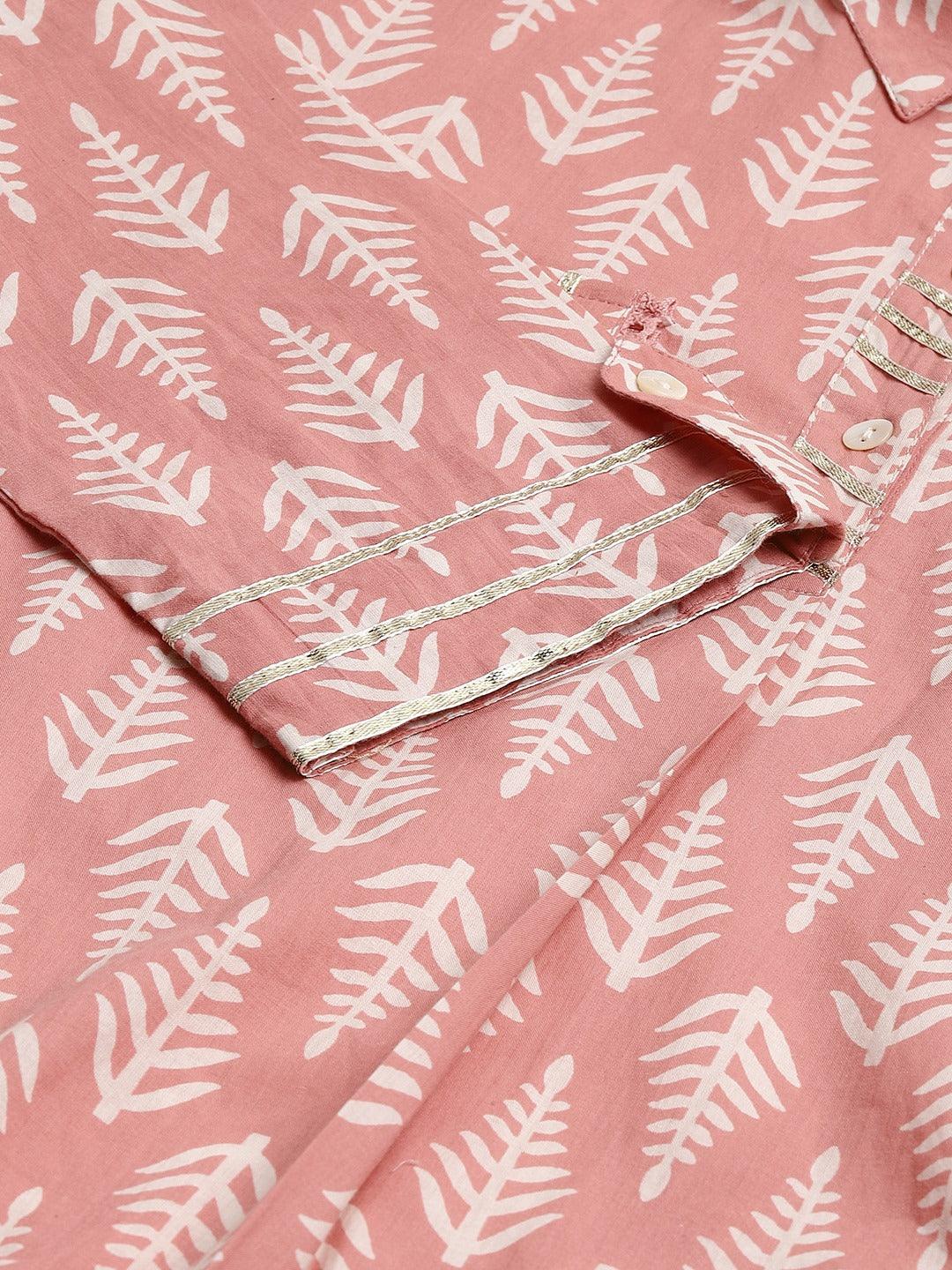 Pink fabric with white fern leaf pattern in a Shirt Style Kurta Hem Cuffed Pant Co-ord Set