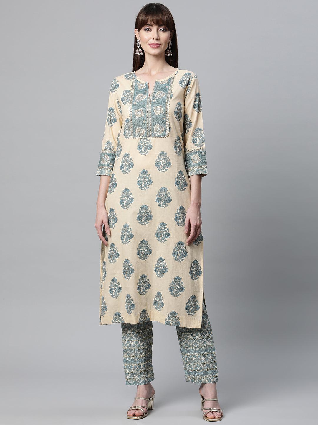 Patterned Beige Cotton Straight Kurta Pant Set in Cream and Teal with Floral Motifs