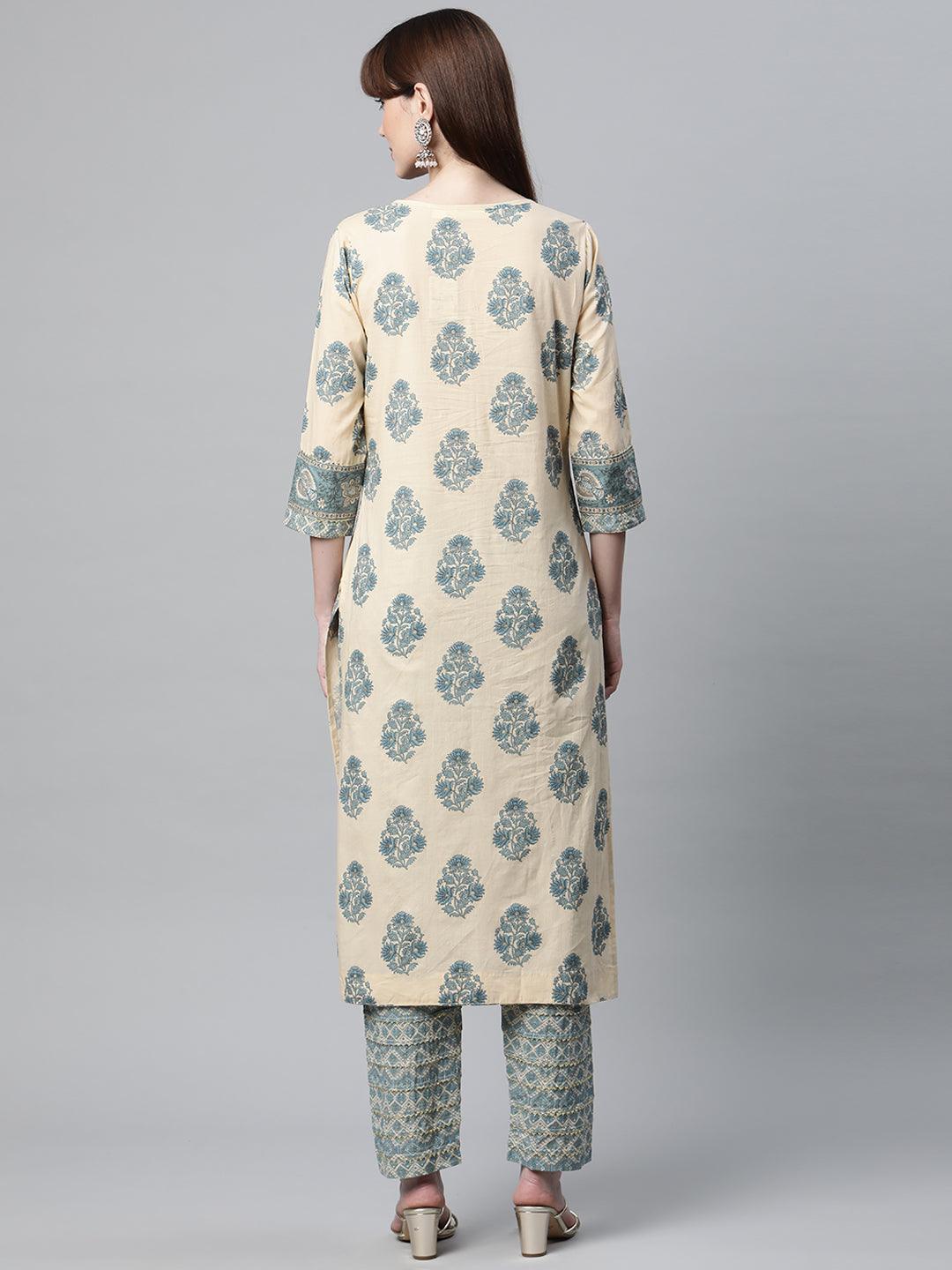 Cream-colored beige cotton straight kurta with blue floral patterns and matching pants